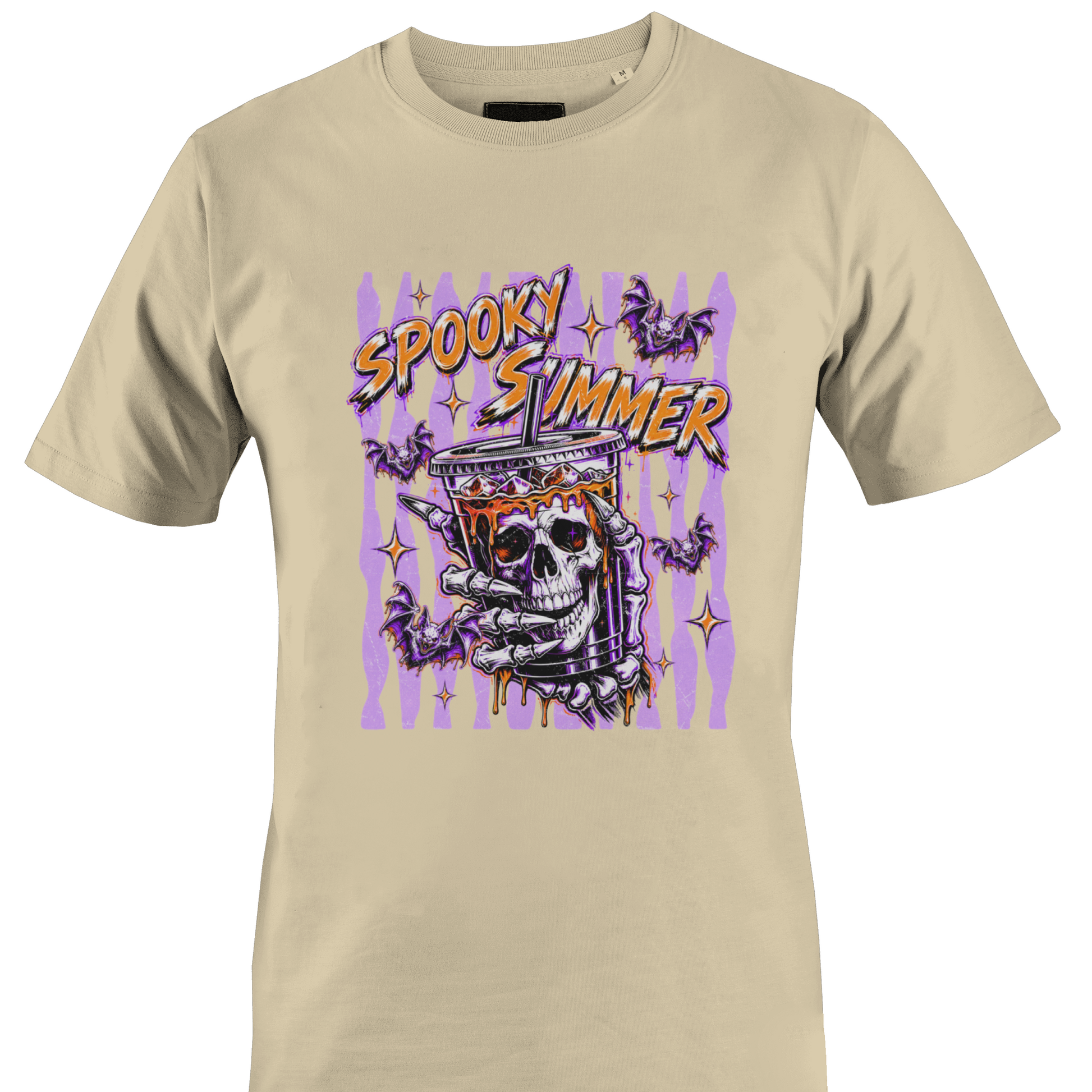 Tan t-shirt with 'Spooky Summer' text bats and a skeleton and purple stripes and orange highlights by Monkey's creations. 