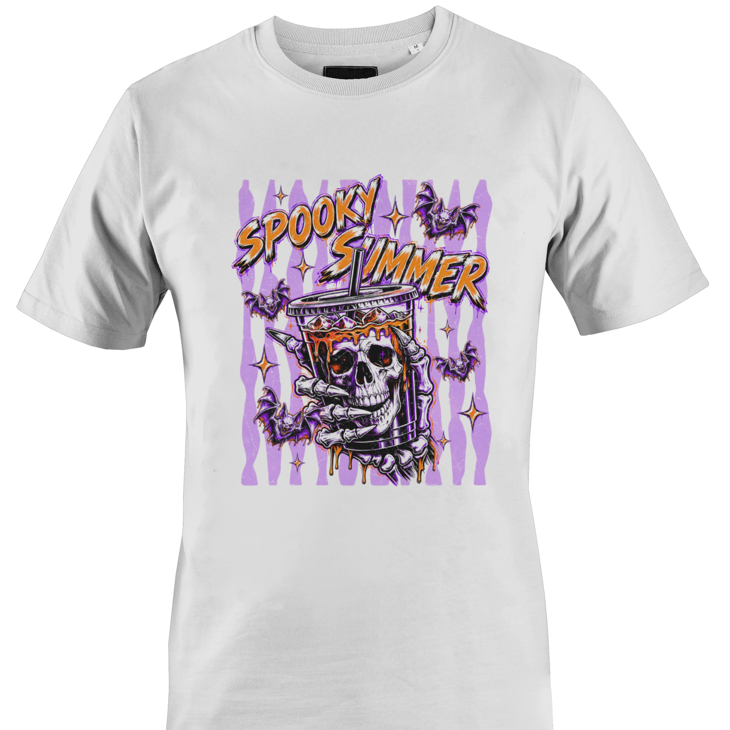 White t-shirt with 'Spooky Summer' text bats and a skeleton and purple stripes and orange highlights by Monkey's creations. 