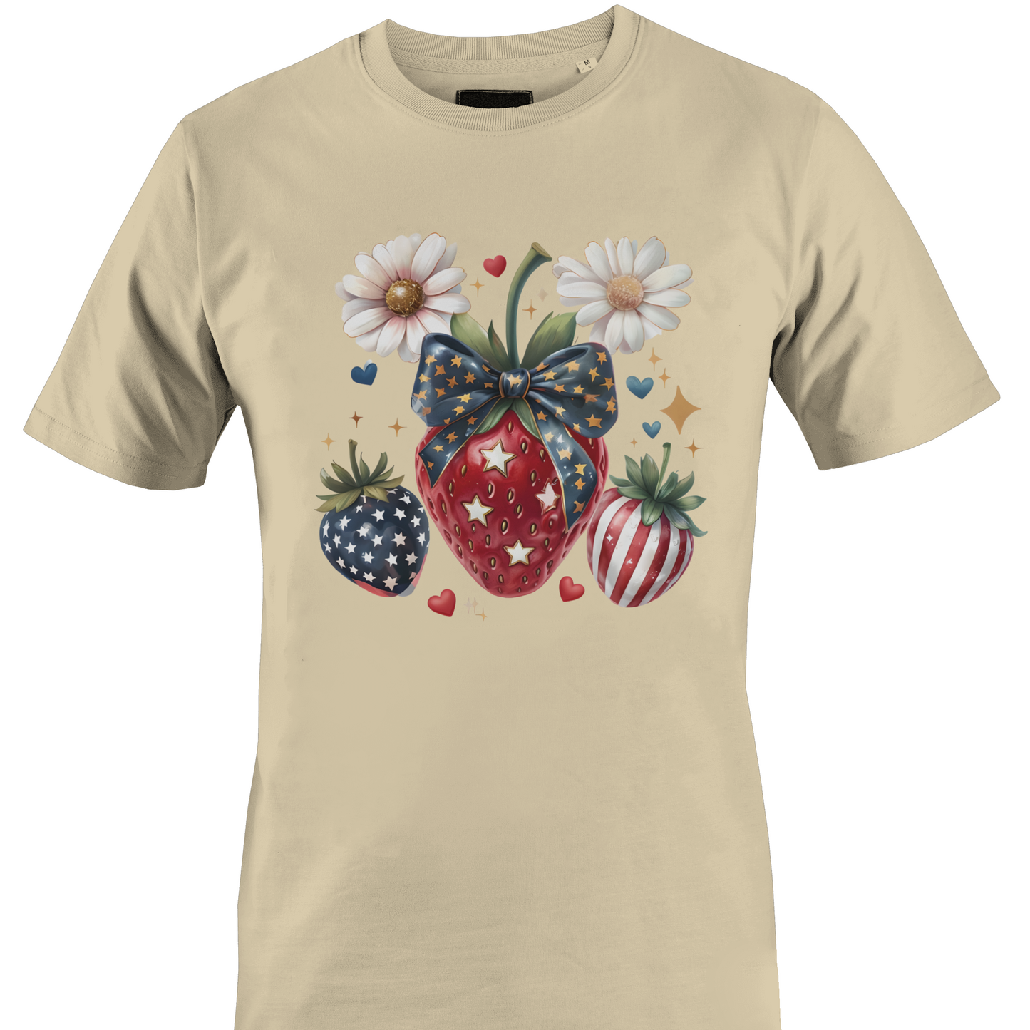 Beige t-shirt with decorative USA inspired strawberry design 