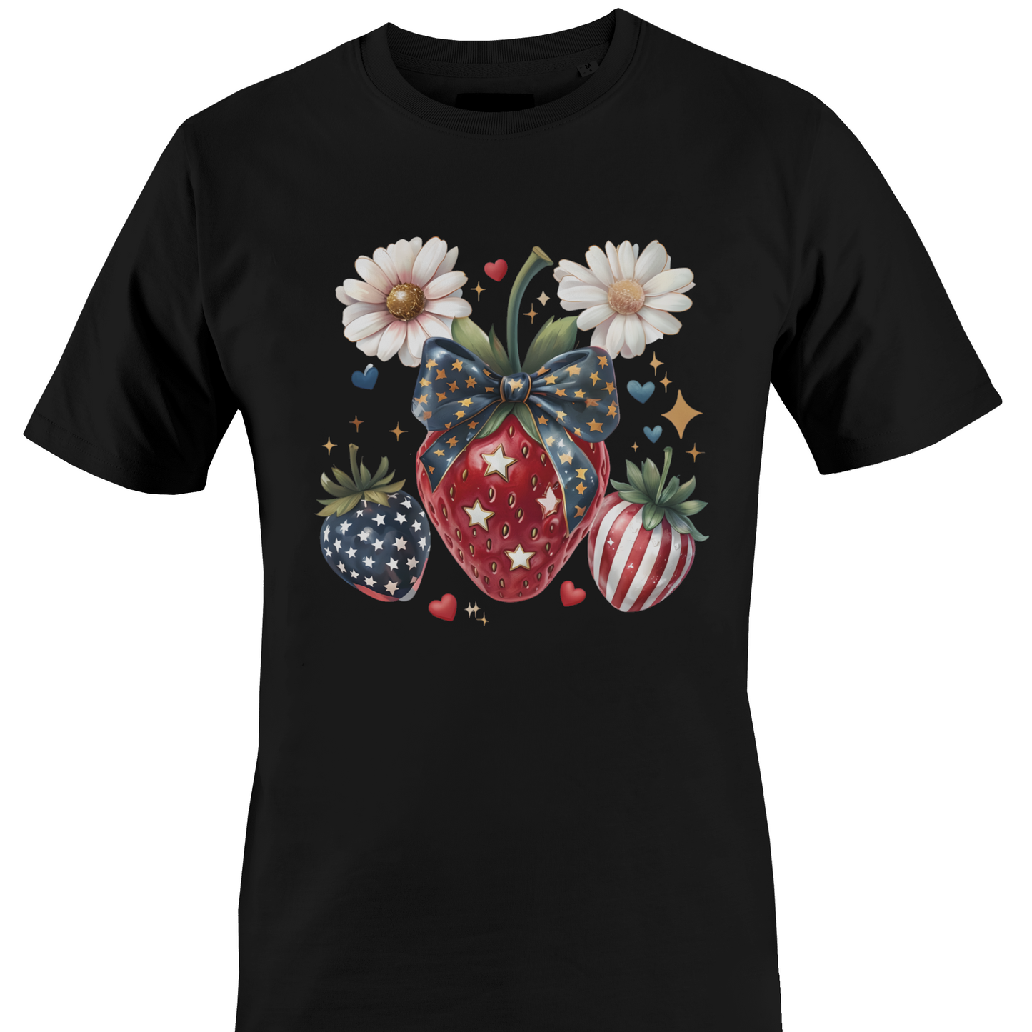 Black t-shirt with decorative USA inspired strawberry design 