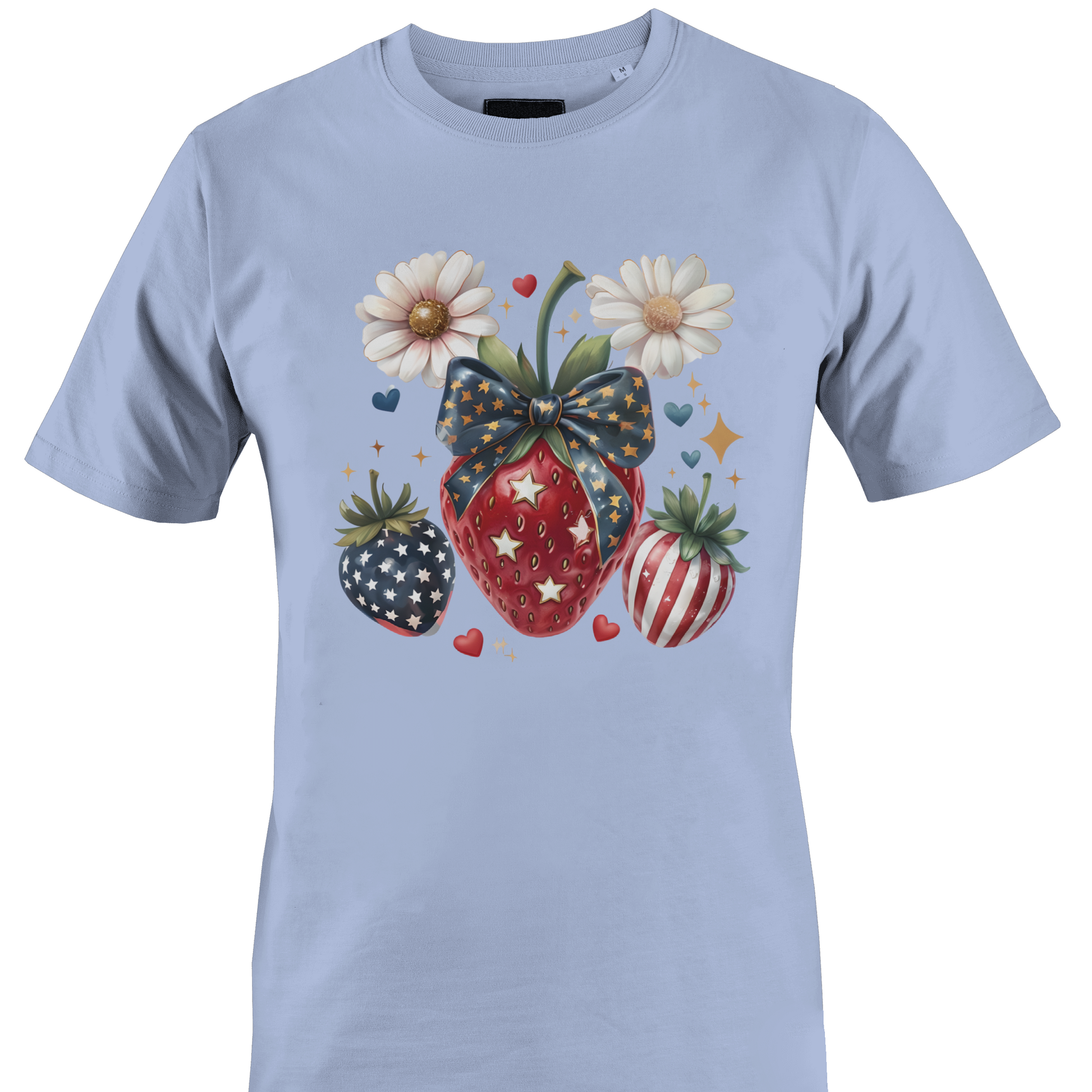 Light blue t-shirt with decorative USA inspired strawberry design 