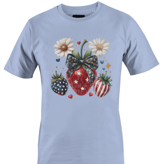 Light blue t-shirt with decorative USA inspired strawberry design 