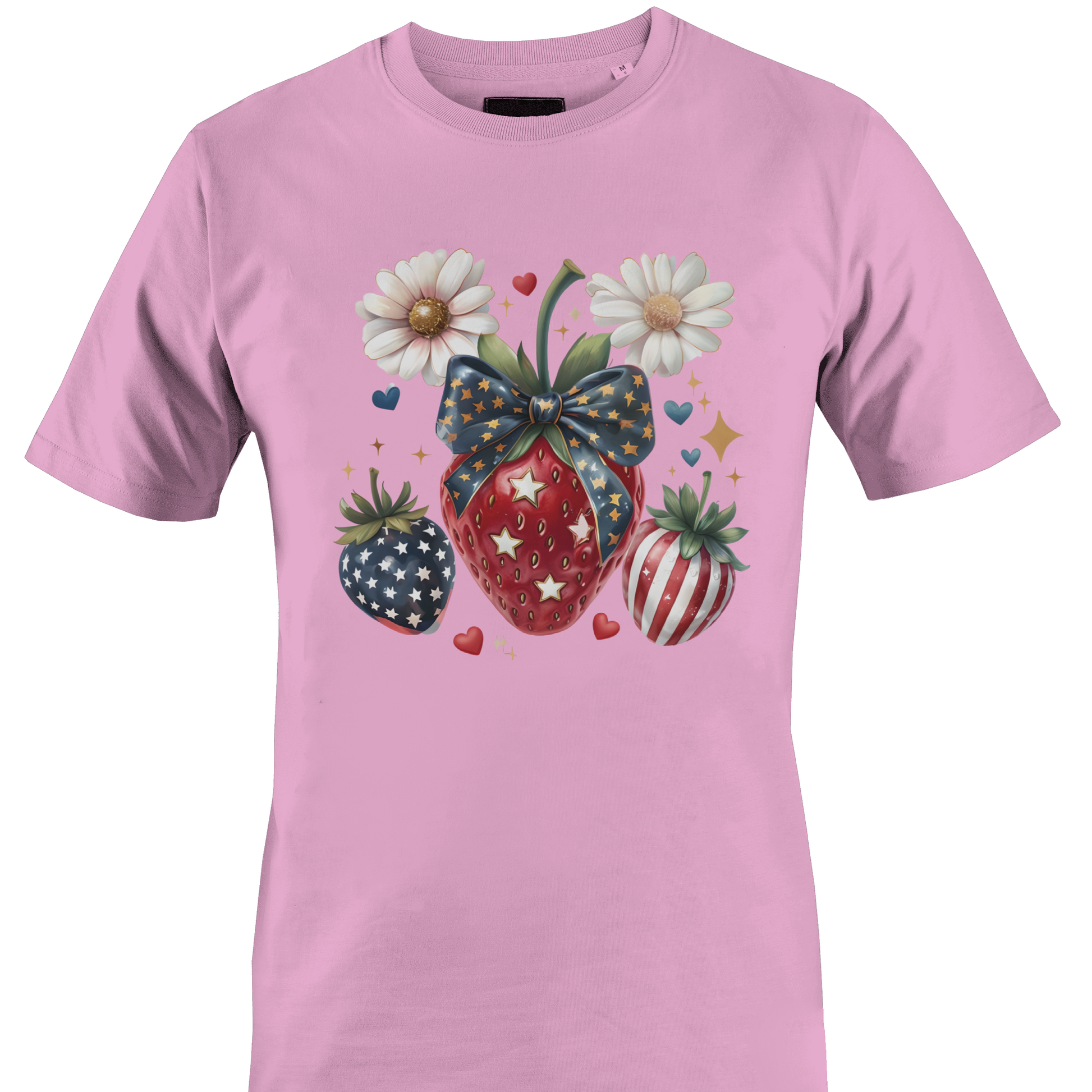 Light pink t-shirt with decorative USA inspired strawberry design 