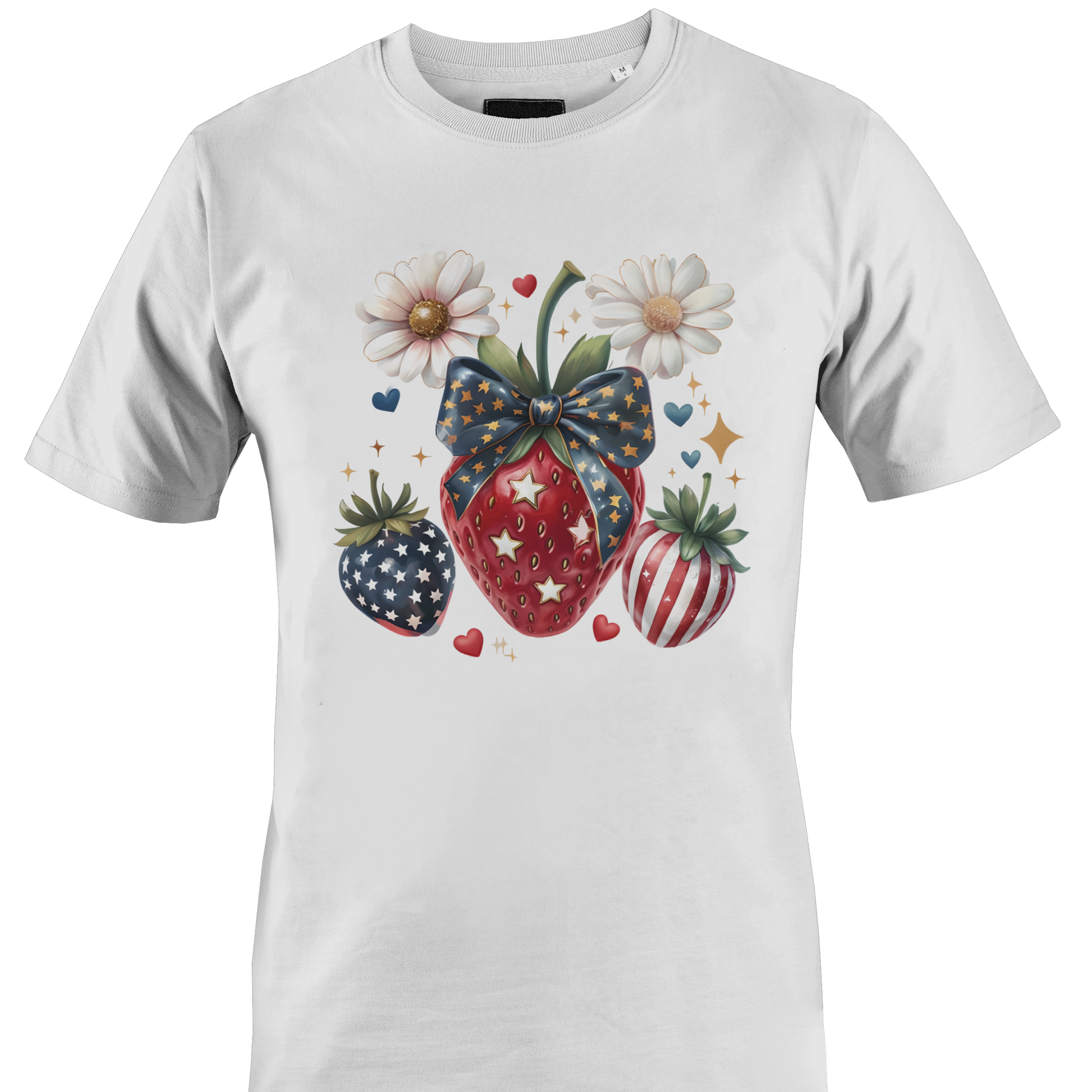 White t-shirt with decorative USA inspired strawberry design 