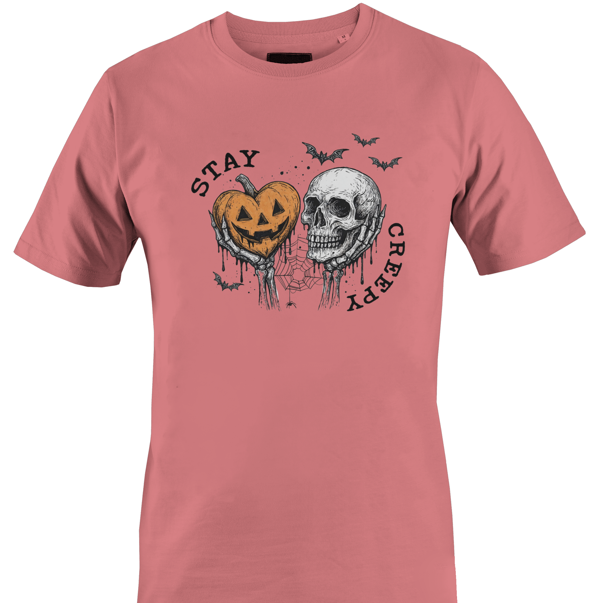 Coral t-shirt with Halloween-themed elements and the text "stay Creepy by Monkey's Creations. 