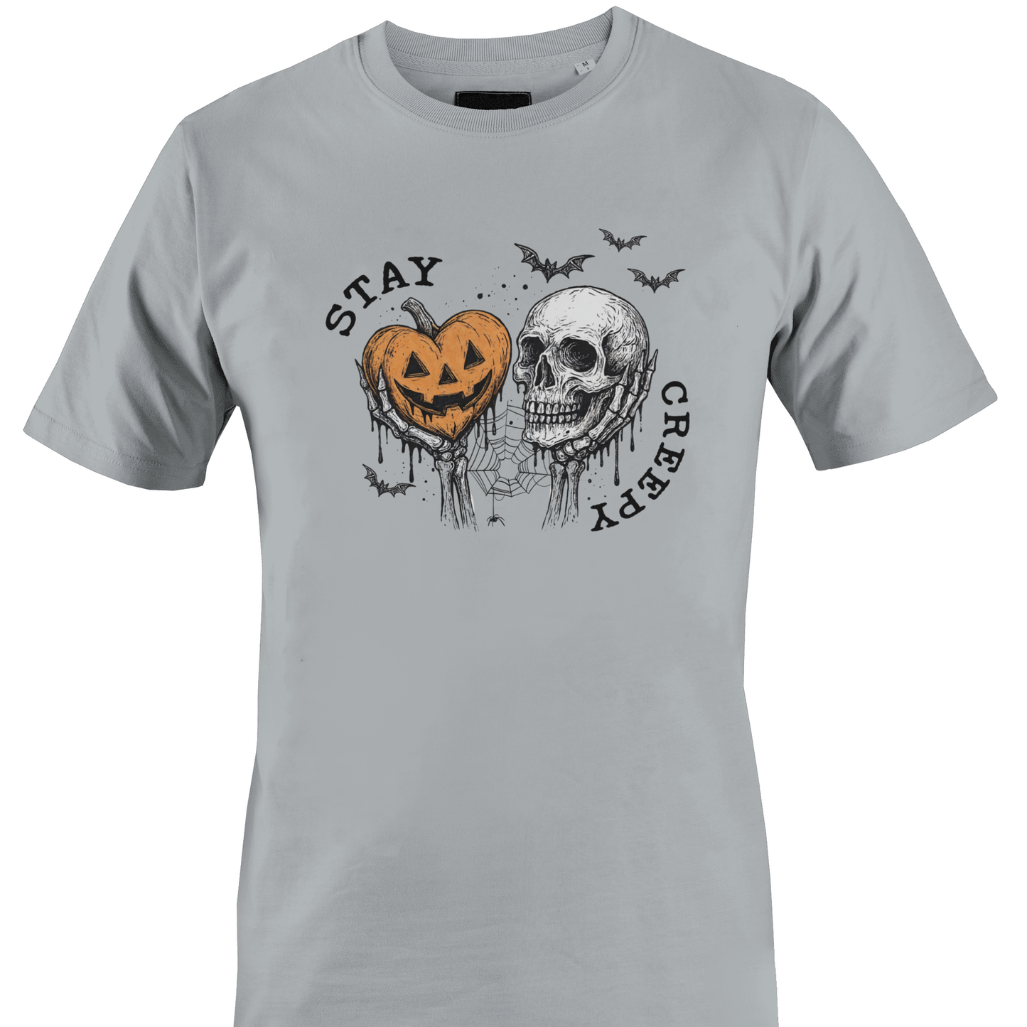 Light grey t-shirt with Halloween-themed elements and the text "stay Creepy by Monkey's Creations. 