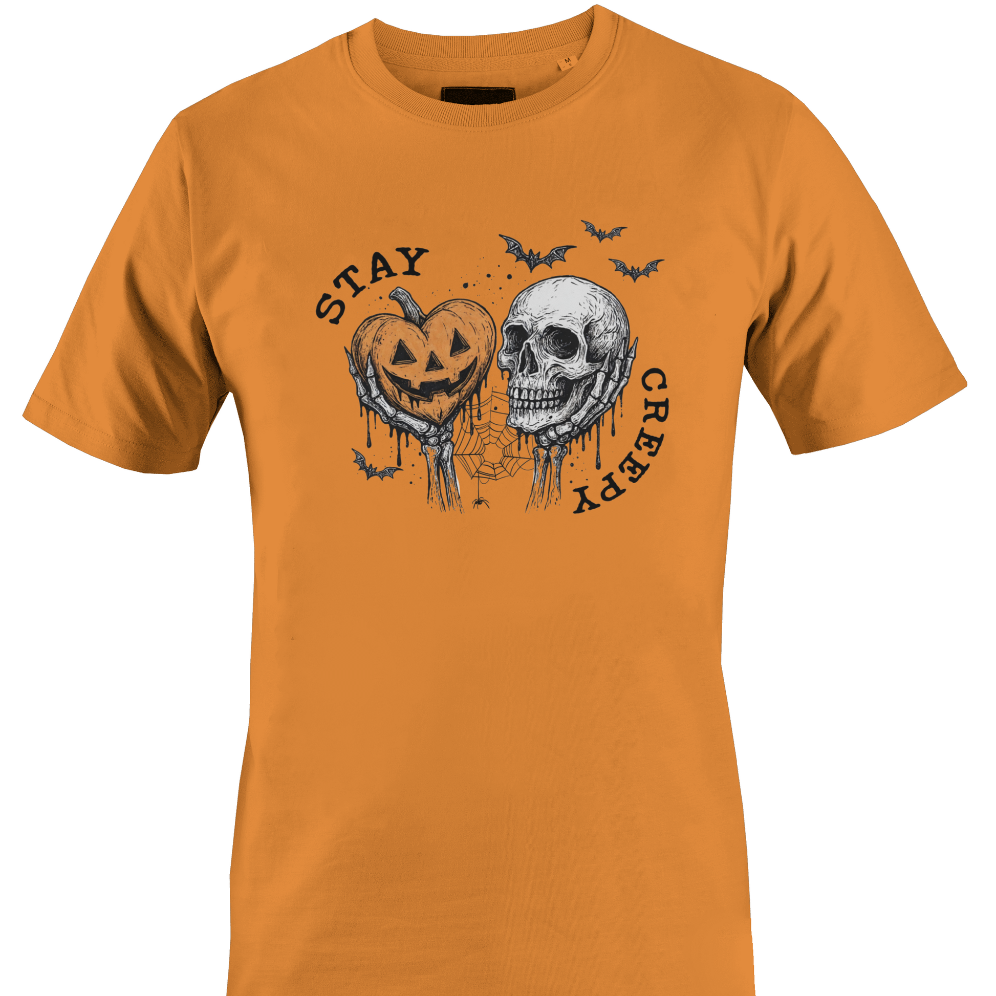 Orange t-shirt with Halloween-themed elements and the text "stay Creepy by Monkey's Creations. 