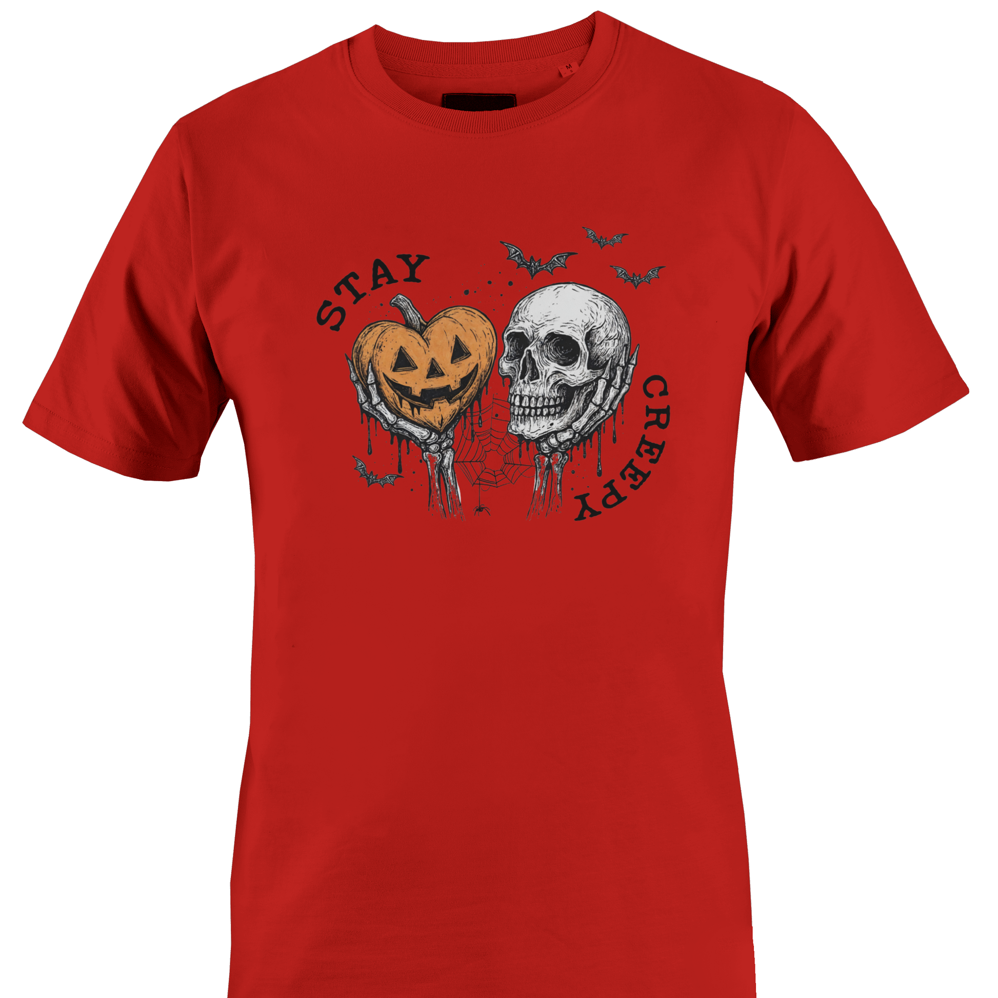 Red t-shirt with Halloween-themed elements and the text "stay Creepy by Monkey's Creations. 