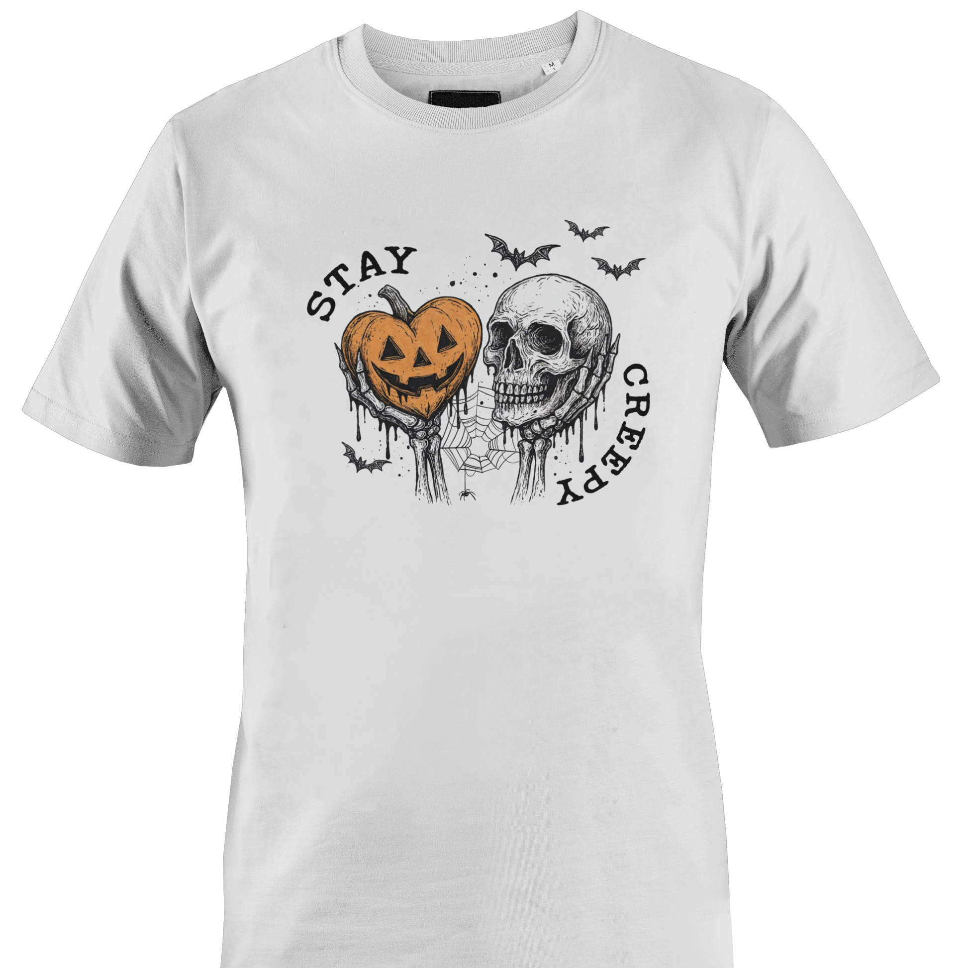 White t-shirt with Halloween-themed elements and the text "stay Creepy by Monkey's Creations. 