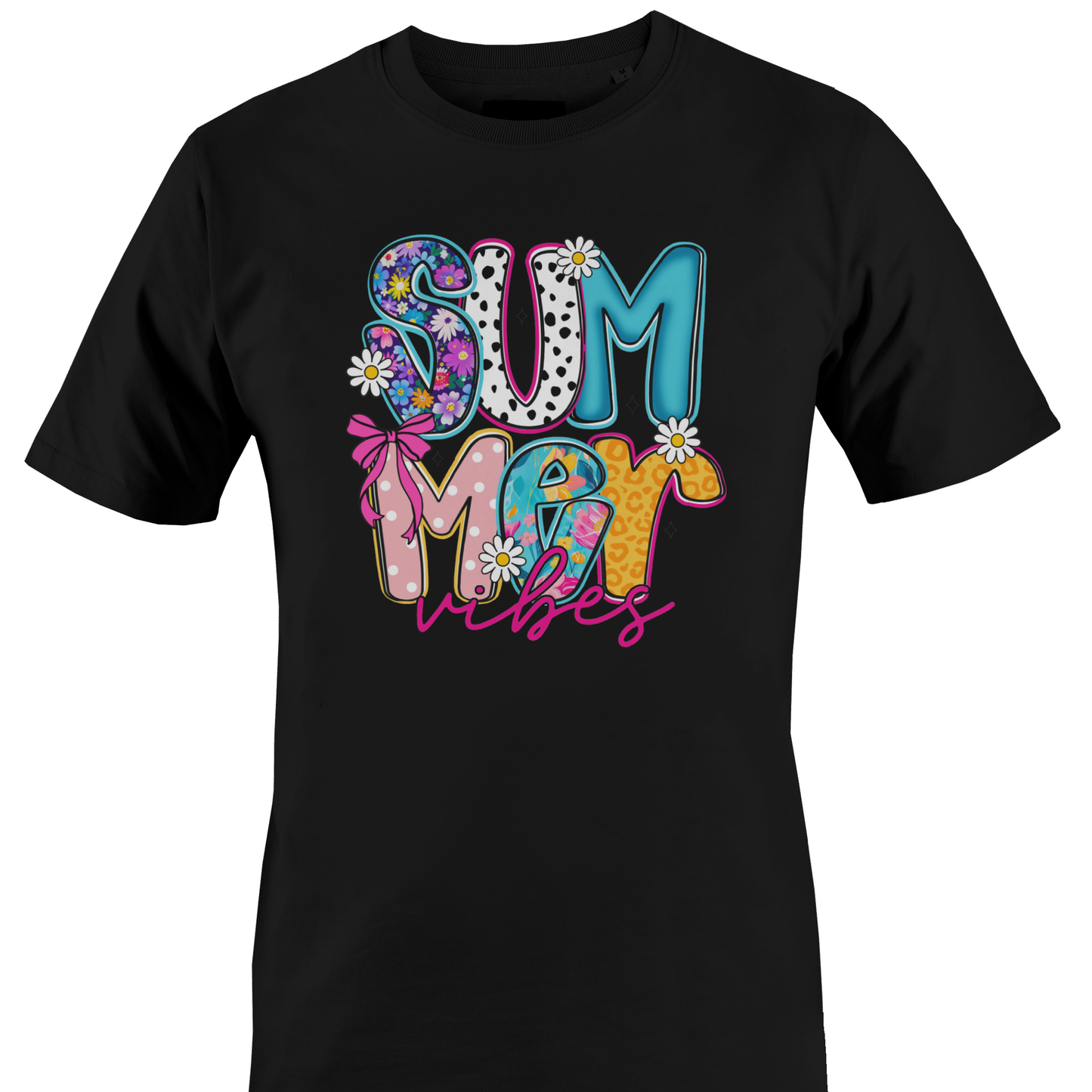 Black t-shirt with colorful 'Summer Vibes' text design by Monkey's Creations