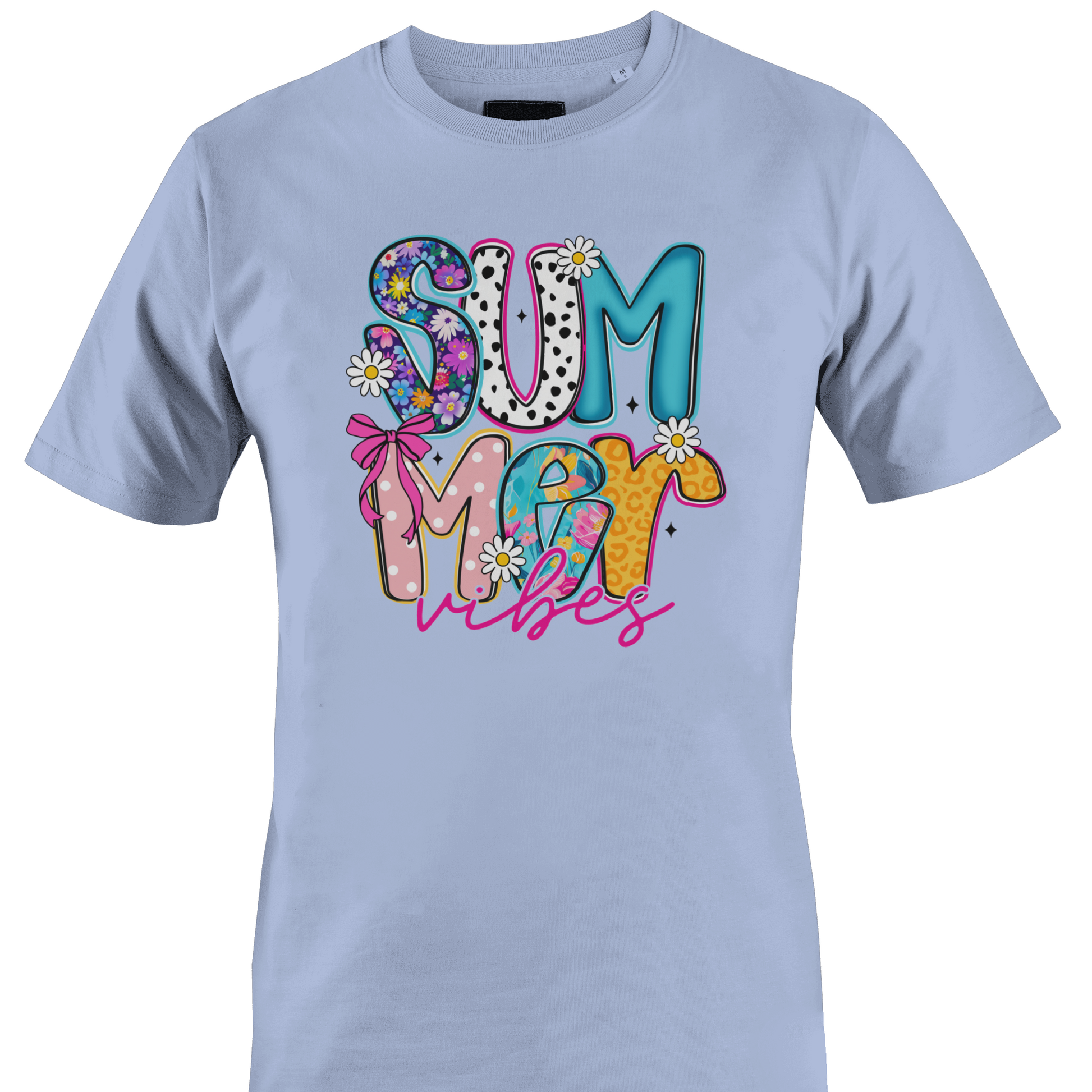 Light blue t-shirt with colorful 'Summer Vibes' text design by Monkey's Creations