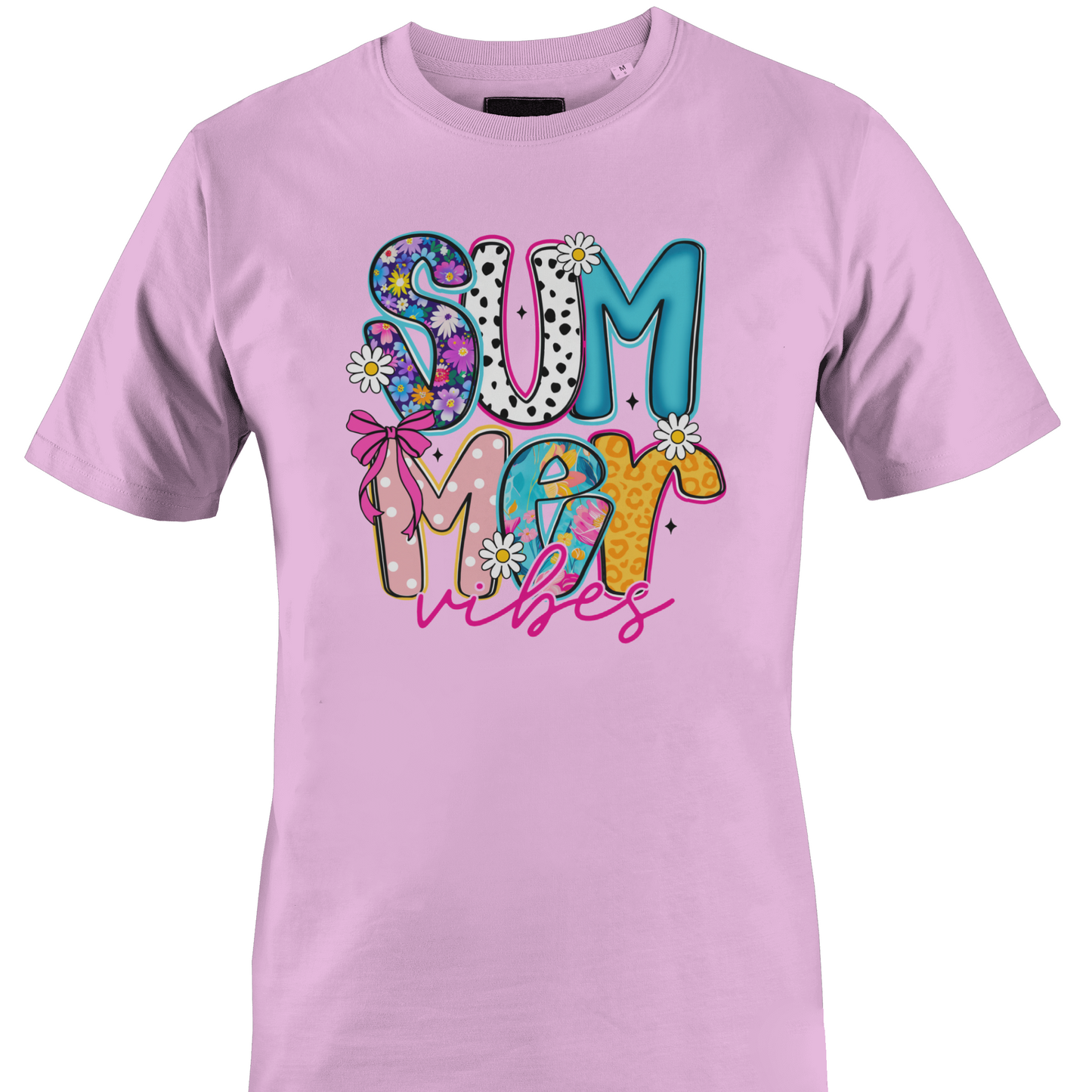 Light pink t-shirt with colorful 'Summer Vibes' text design by Monkey's Creations