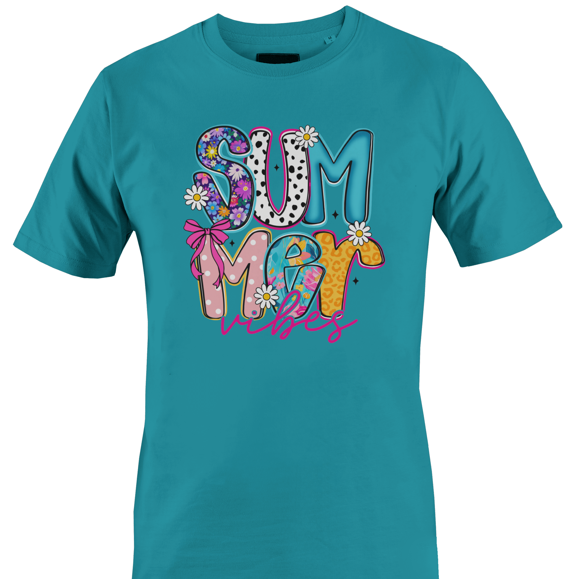 Teal t-shirt with colorful 'Summer Vibes' text design by Monkey's Creations