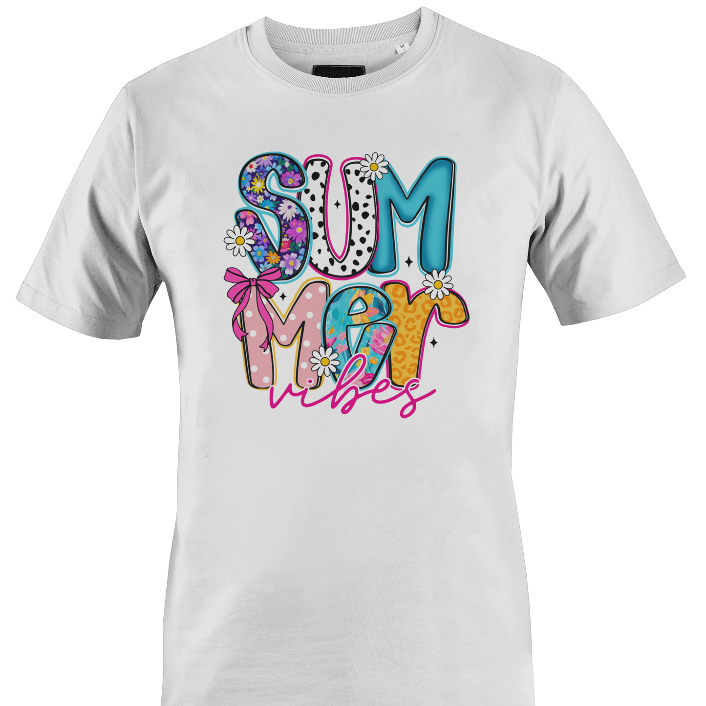 White t-shirt with colorful 'Summer Vibes' text design by Monkey's Creations