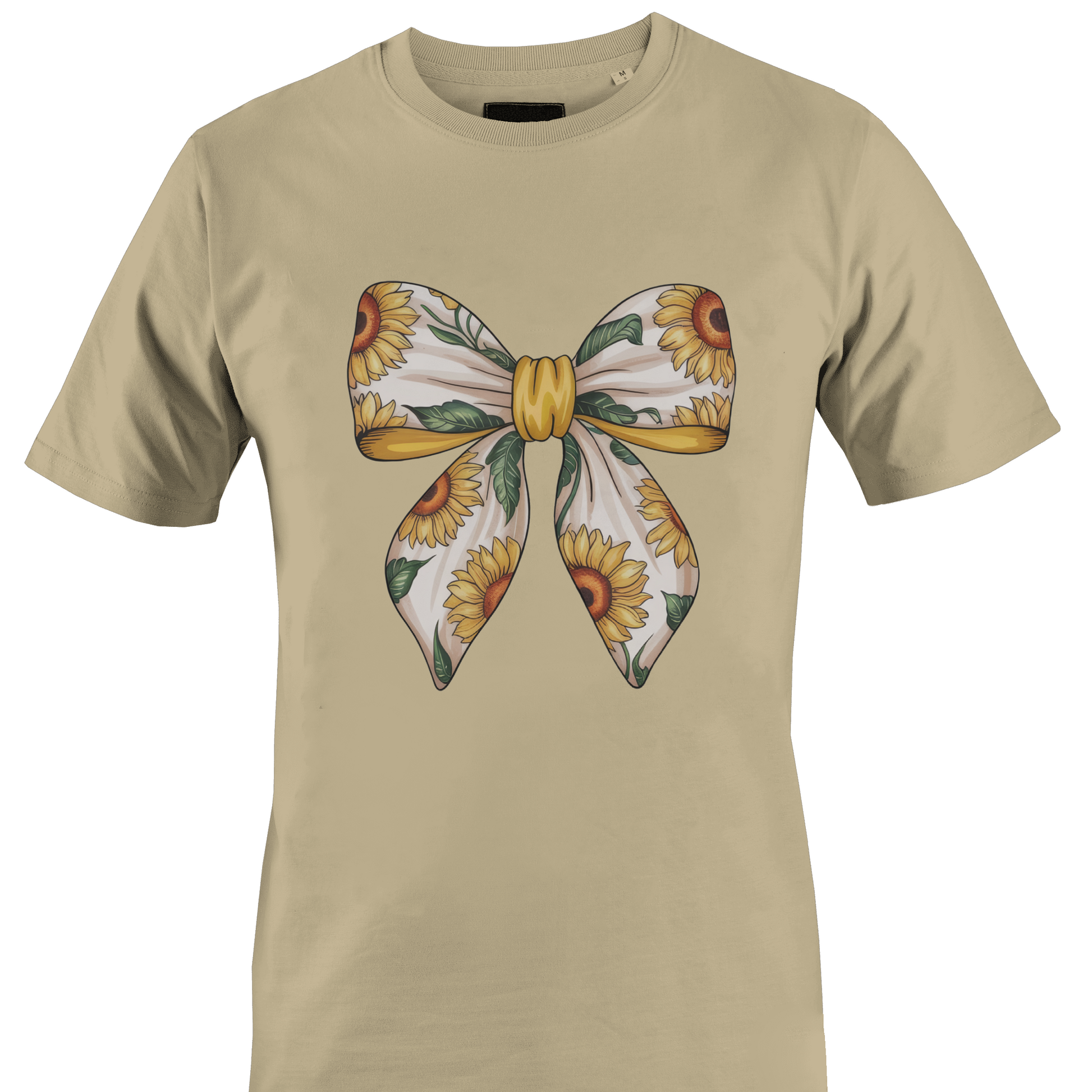 Tan t-shirt with a sunflower bow design by Monkey's Creations