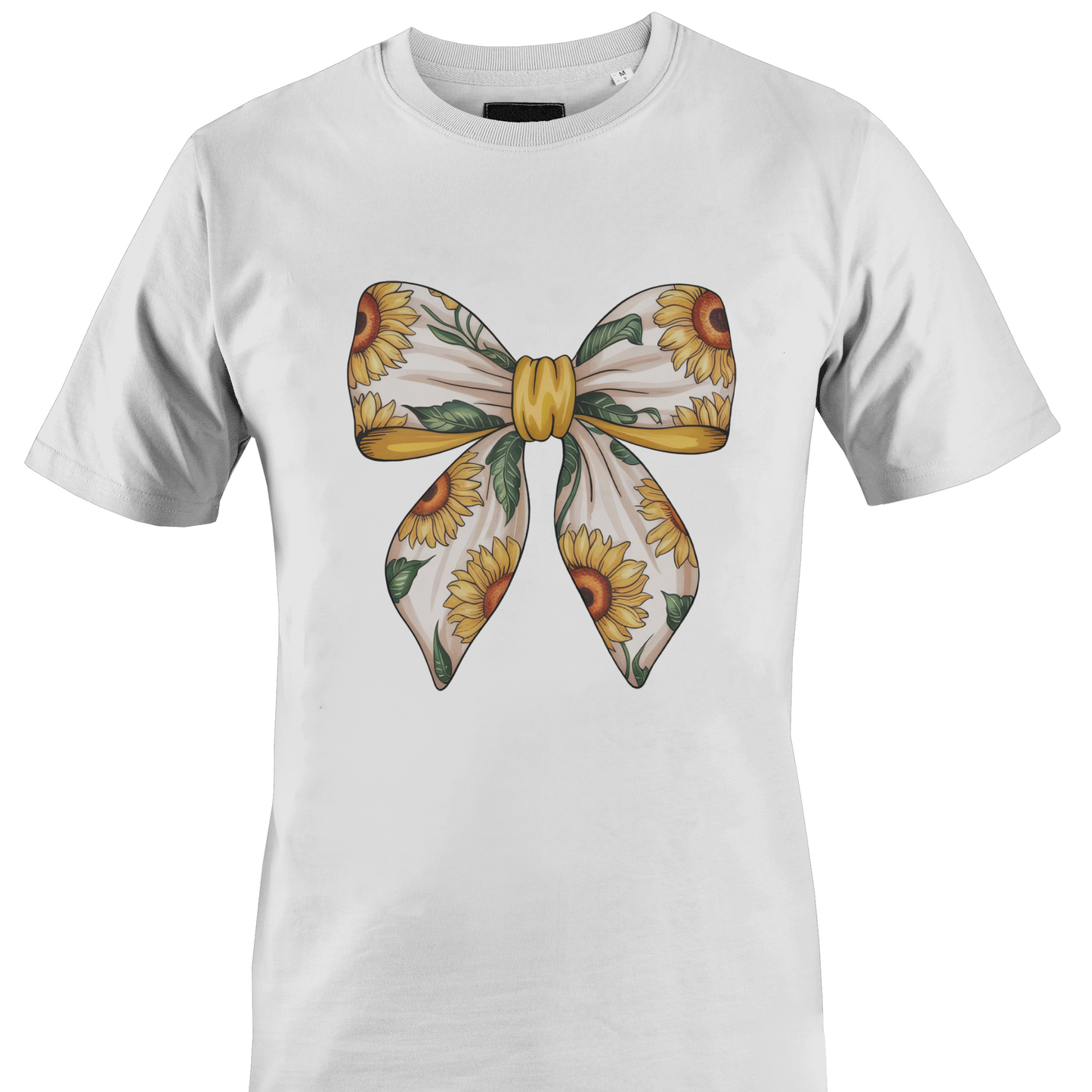 White t-shirt with a sunflower bow design by Monkey's Creations