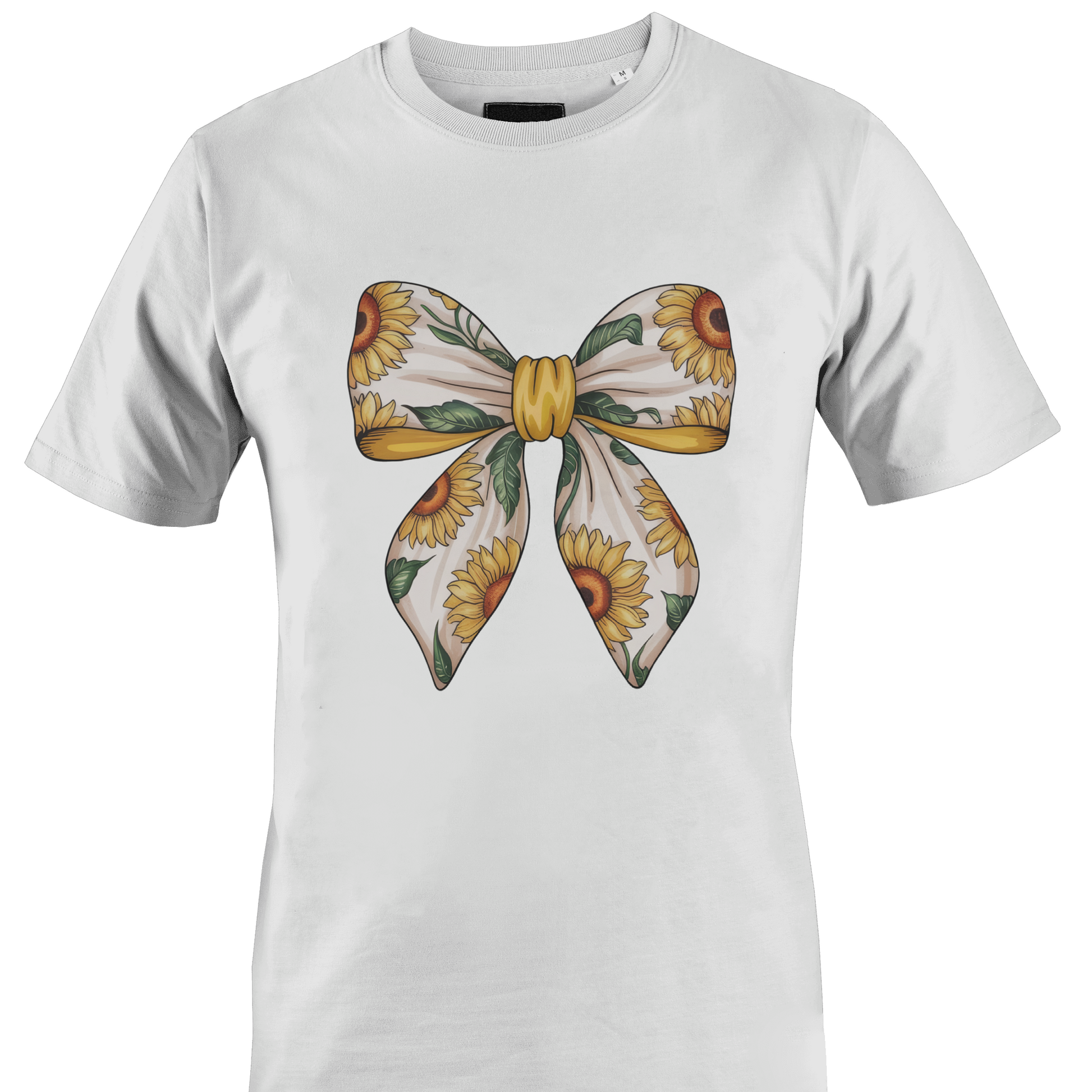 White t-shirt with a sunflower bow design by Monkey's Creations