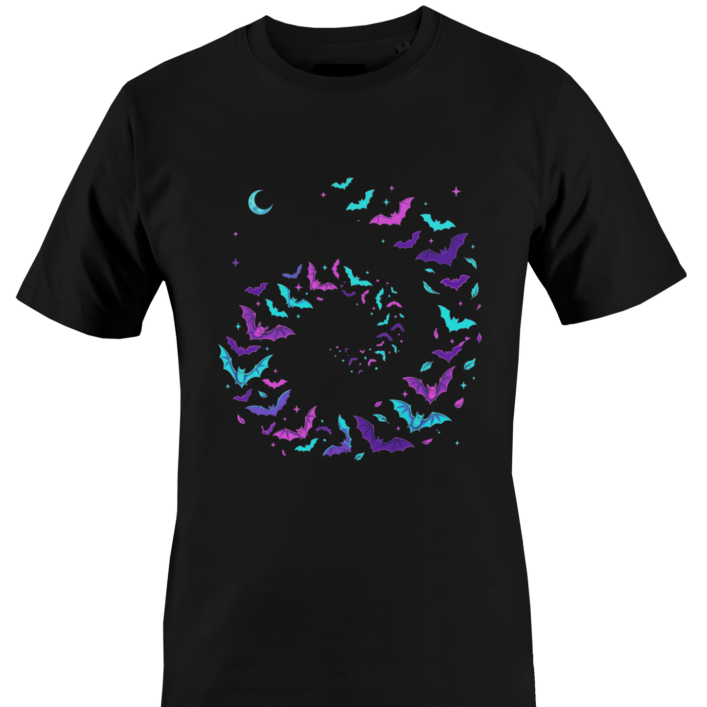 Black t-shirt with a swirl of dark purple, pink and teal bats front and a skeleton in front of a full moon holding a black cat surrounded by teal, pink and purple flowers and bats on the back by Monkey's Creations.