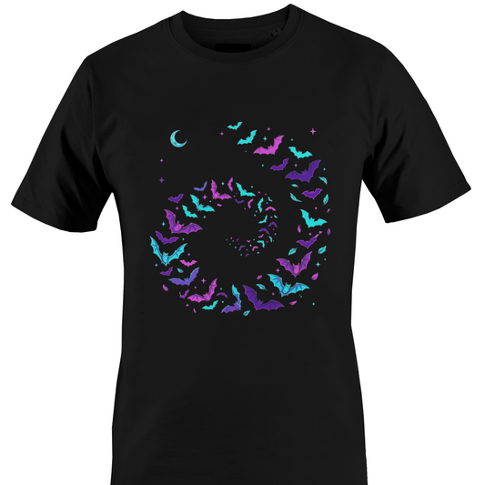 Black t-shirt with a swirl of dark purple, pink and teal bats front and a skeleton in front of a full moon holding a black cat surrounded by teal, pink and purple flowers and bats on the back by Monkey's Creations.
