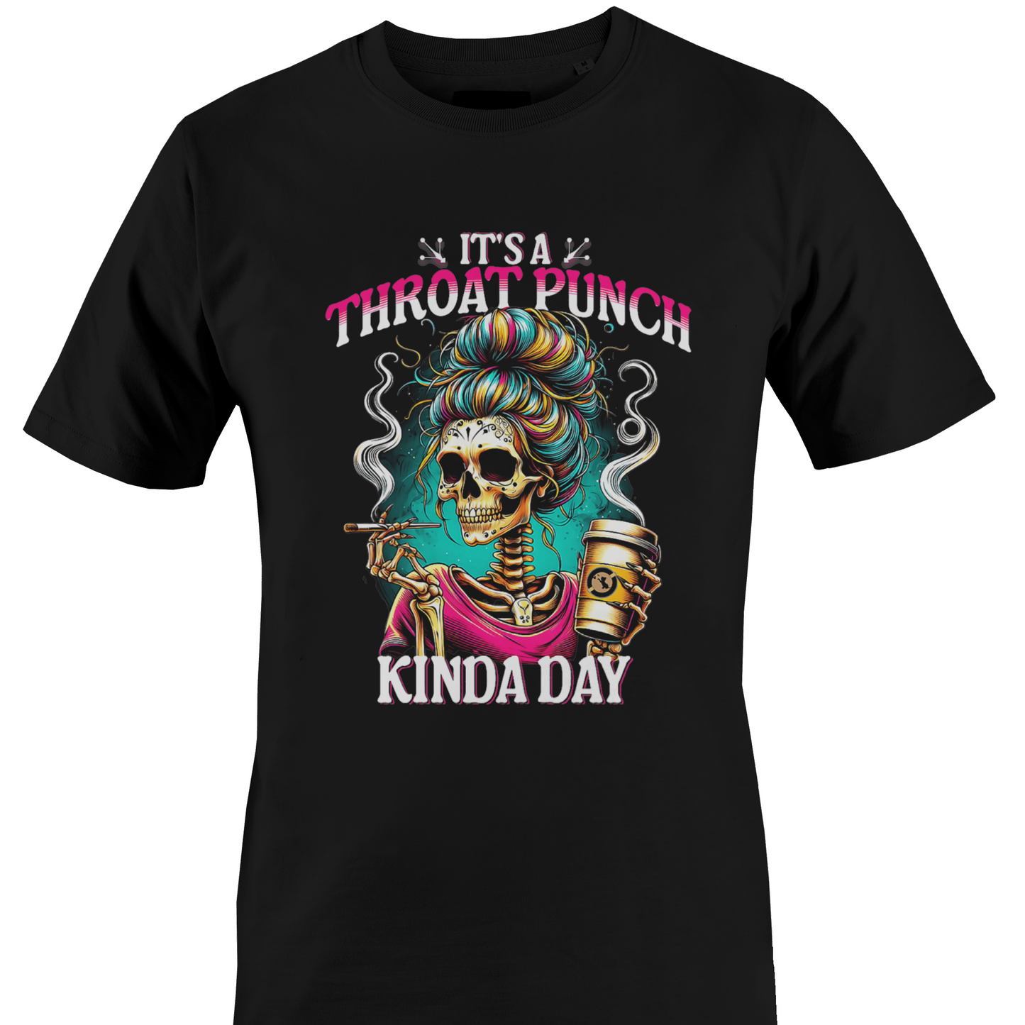 Black t-shirt with colorful graphic and text "throat punch kinda day"