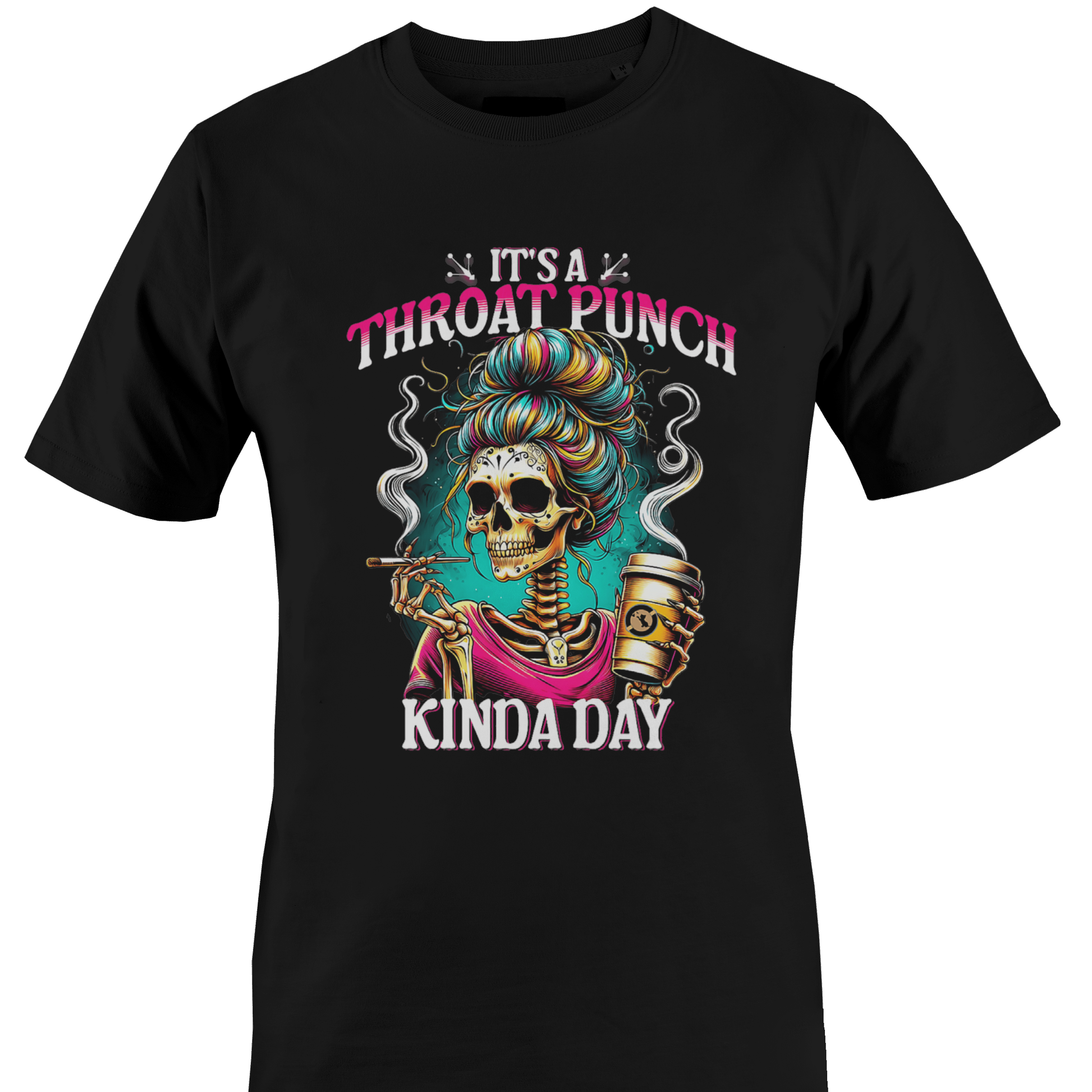 Black t-shirt with colorful graphic and text "throat punch kinda day"