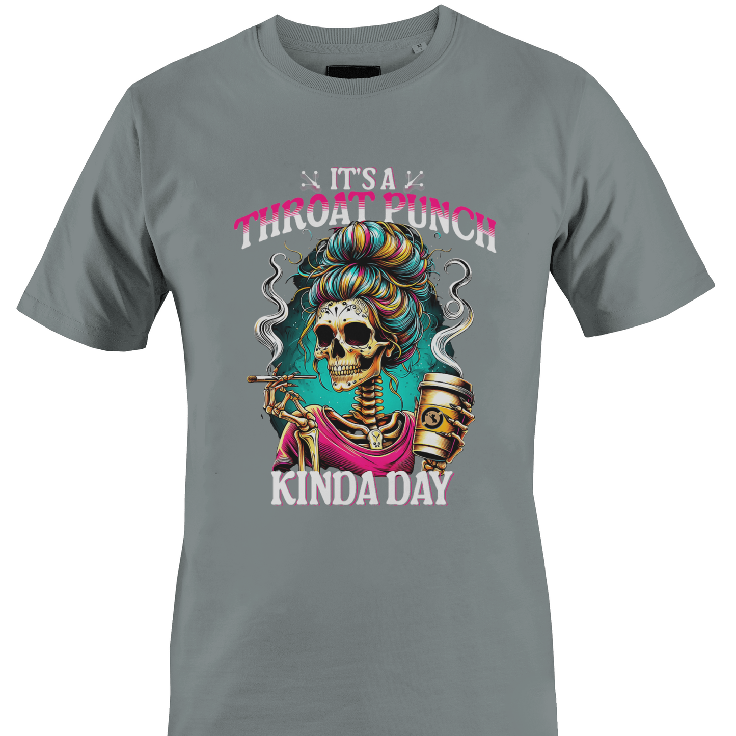 Gray t-shirt with colorful graphic and text "throat punch kinda day"