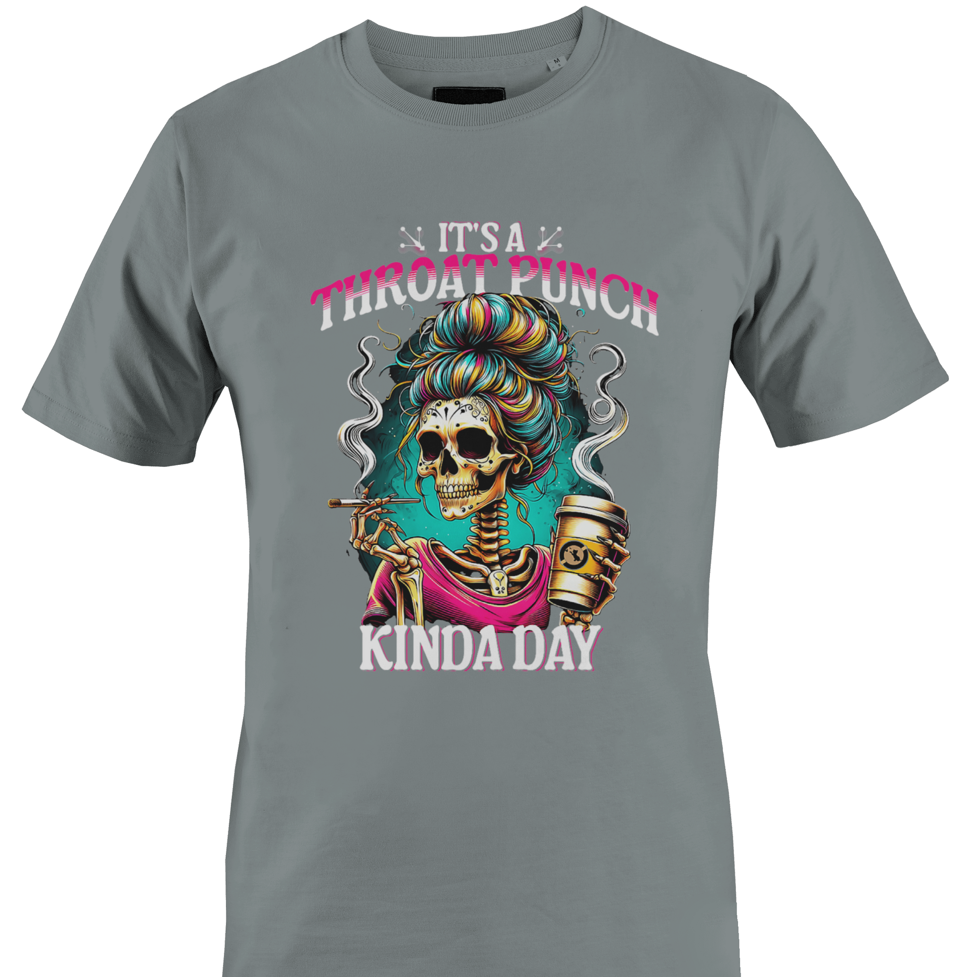 Gray t-shirt with colorful graphic and text "throat punch kinda day"