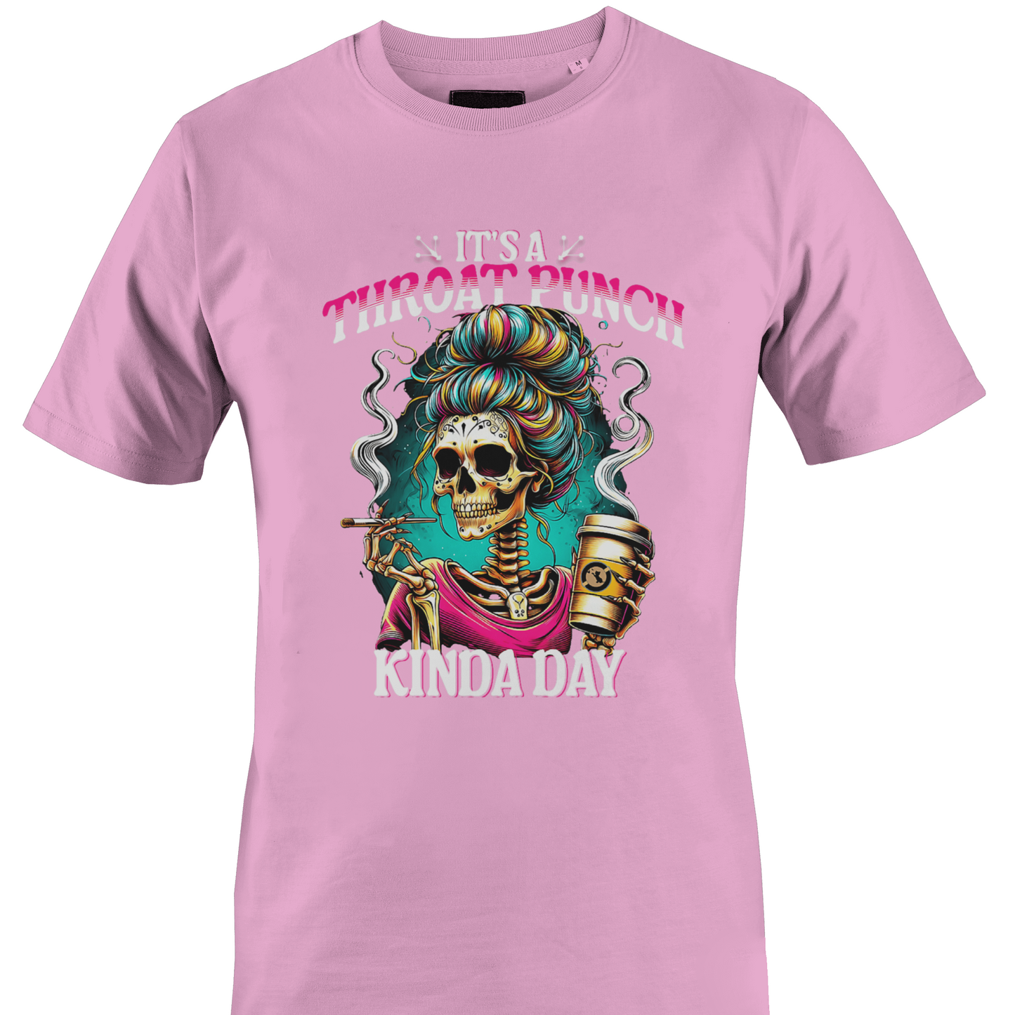 Light pinkt-shirt with colorful graphic and text "throat punch kinda day"