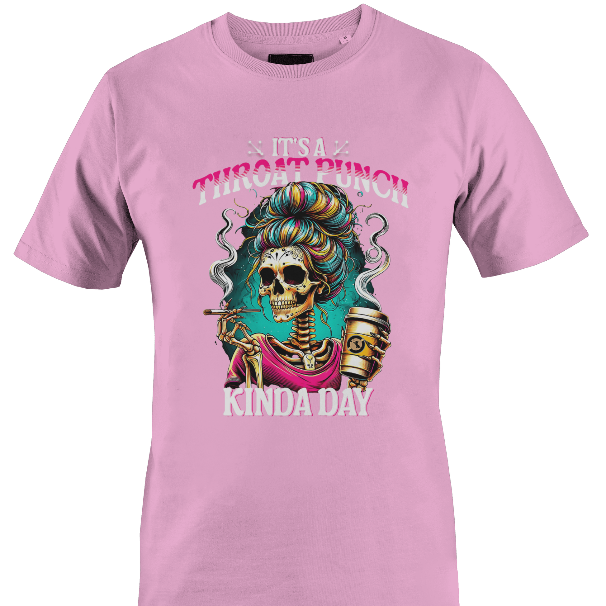 Light pinkt-shirt with colorful graphic and text "throat punch kinda day"