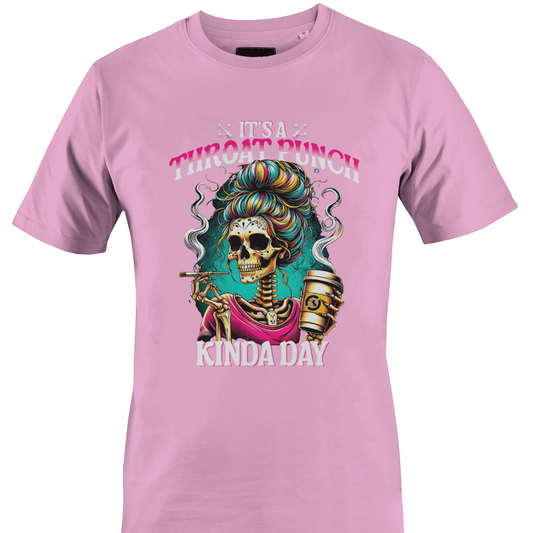 Light pinkt-shirt with colorful graphic and text "throat punch kinda day"