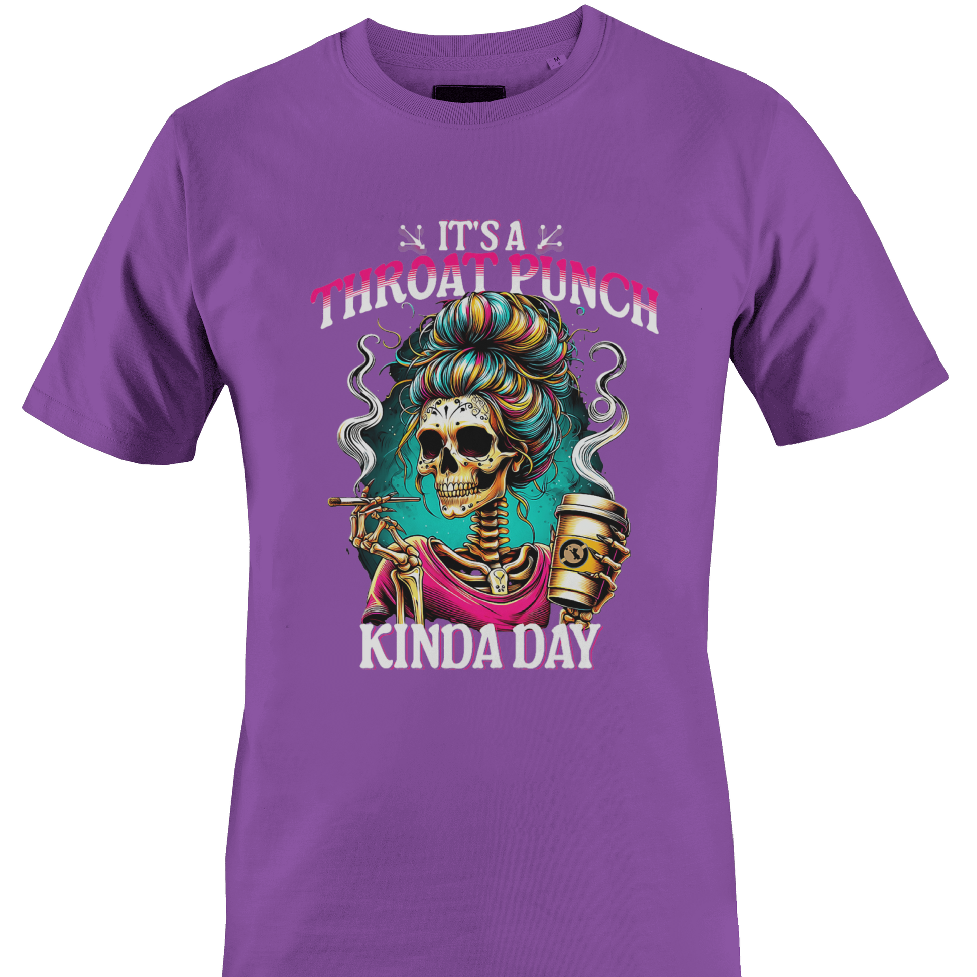 Purple t-shirt with colorful graphic and text "throat punch kinda day"