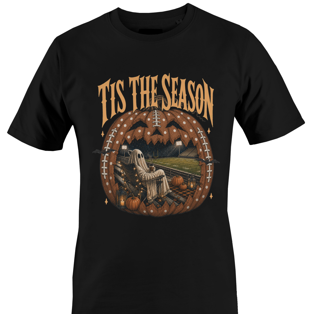 Black t-shirt by Monkey's Creations featuring a ghost in a chair inside a Jack O Lantern with Halloween elements. 