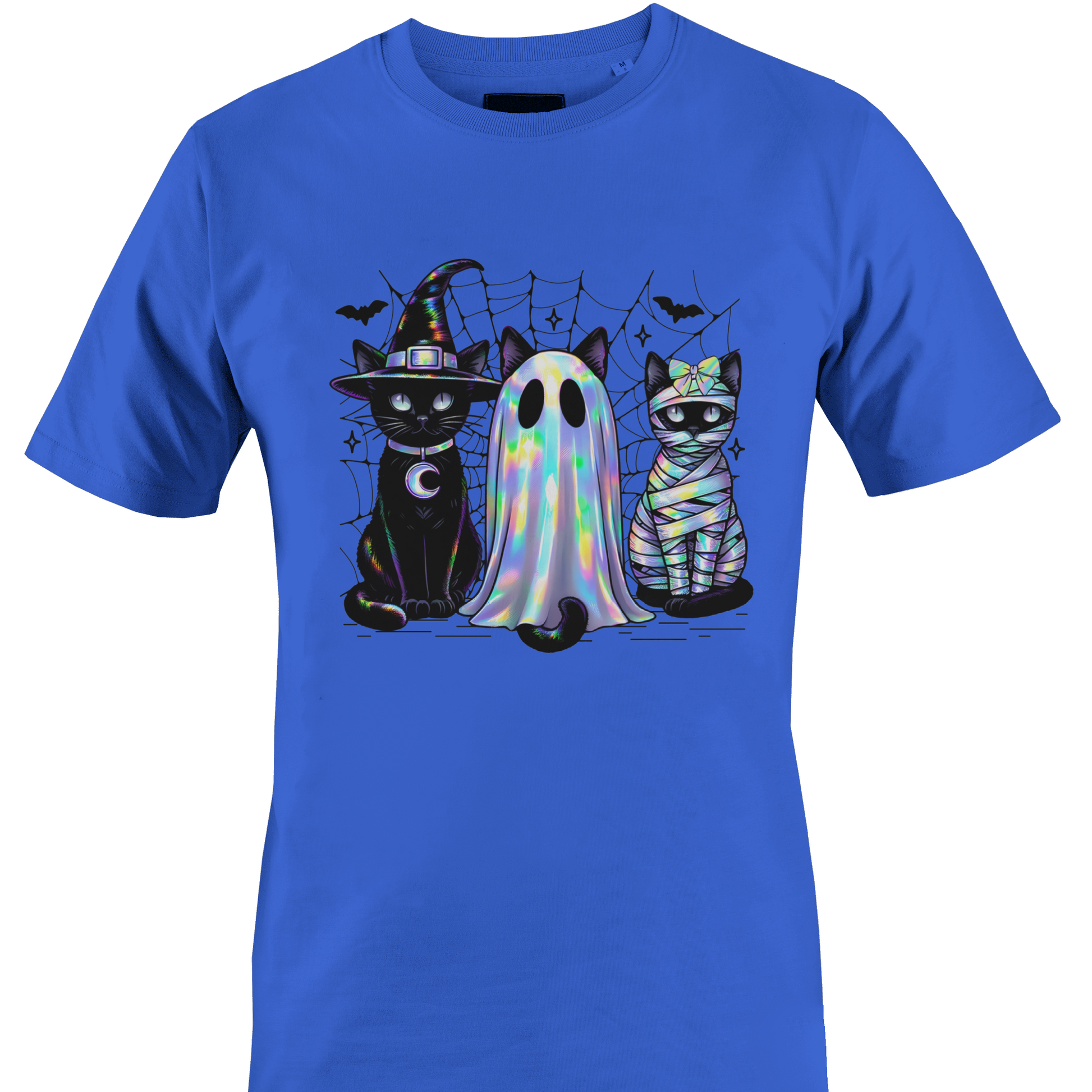 Blue t-shirt with a trio of black cats wearing Halloween costumes, witch, ghost and a mummy by Monkey's Creations. 