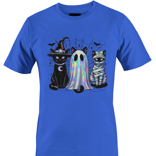 Blue t-shirt with a trio of black cats wearing Halloween costumes, witch, ghost and a mummy by Monkey's Creations. 