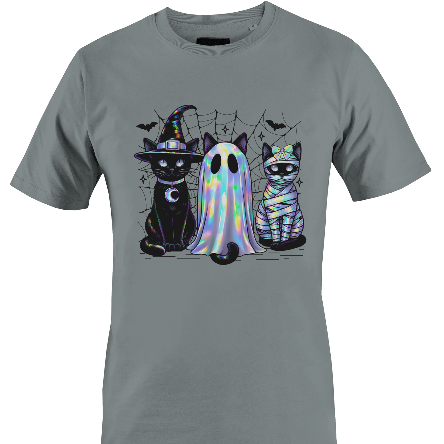 Grey t-shirt with a trio of black cats wearing Halloween costumes, witch, ghost and a mummy by Monkey's Creations. 