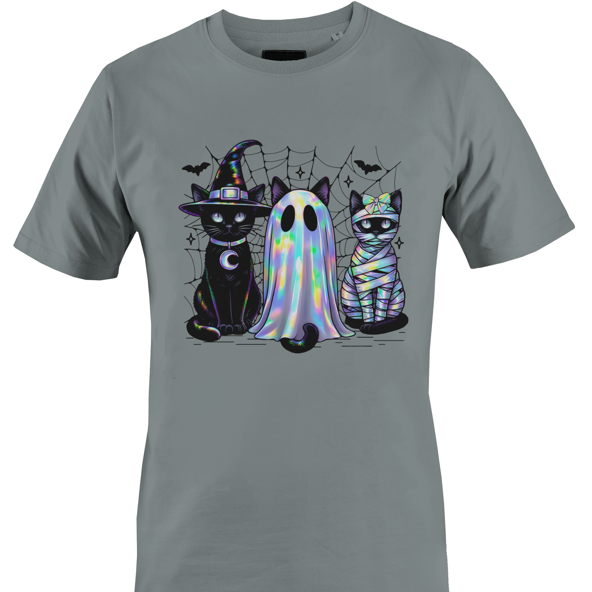 Grey t-shirt with a trio of black cats wearing Halloween costumes, witch, ghost and a mummy by Monkey's Creations. 