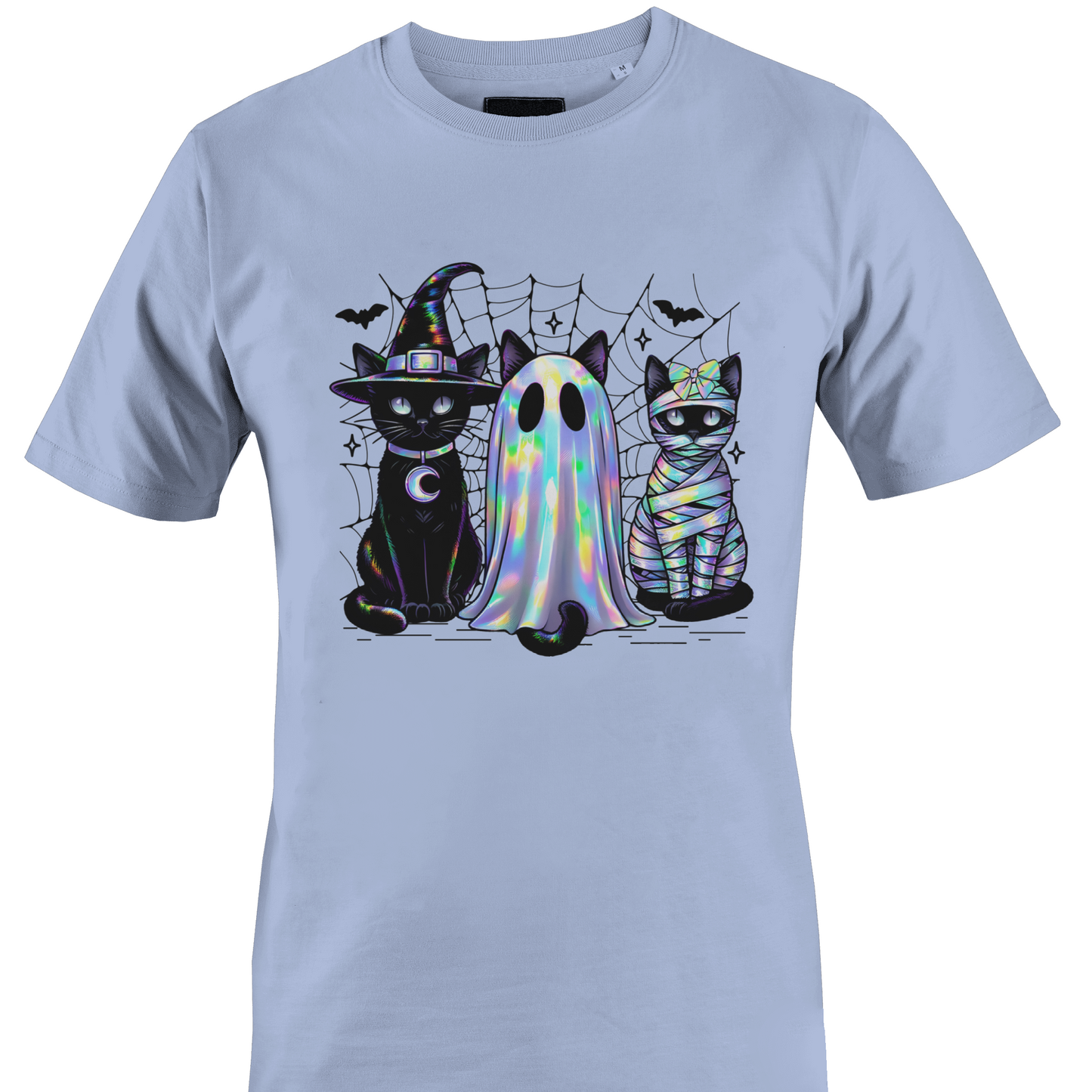 Light blue t-shirt with a trio of black cats wearing Halloween costumes, witch, ghost and a mummy by Monkey's Creations. 