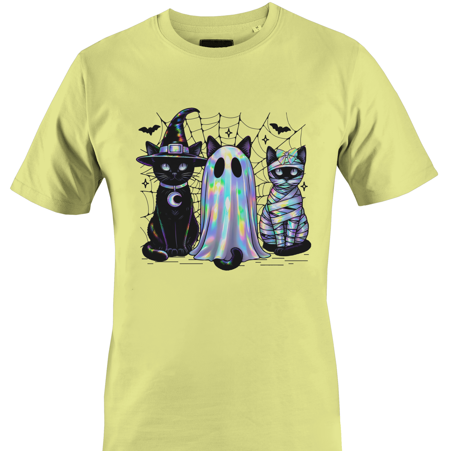 Light yellow t-shirt with a trio of black cats wearing Halloween costumes, witch, ghost and a mummy by Monkey's Creations. 