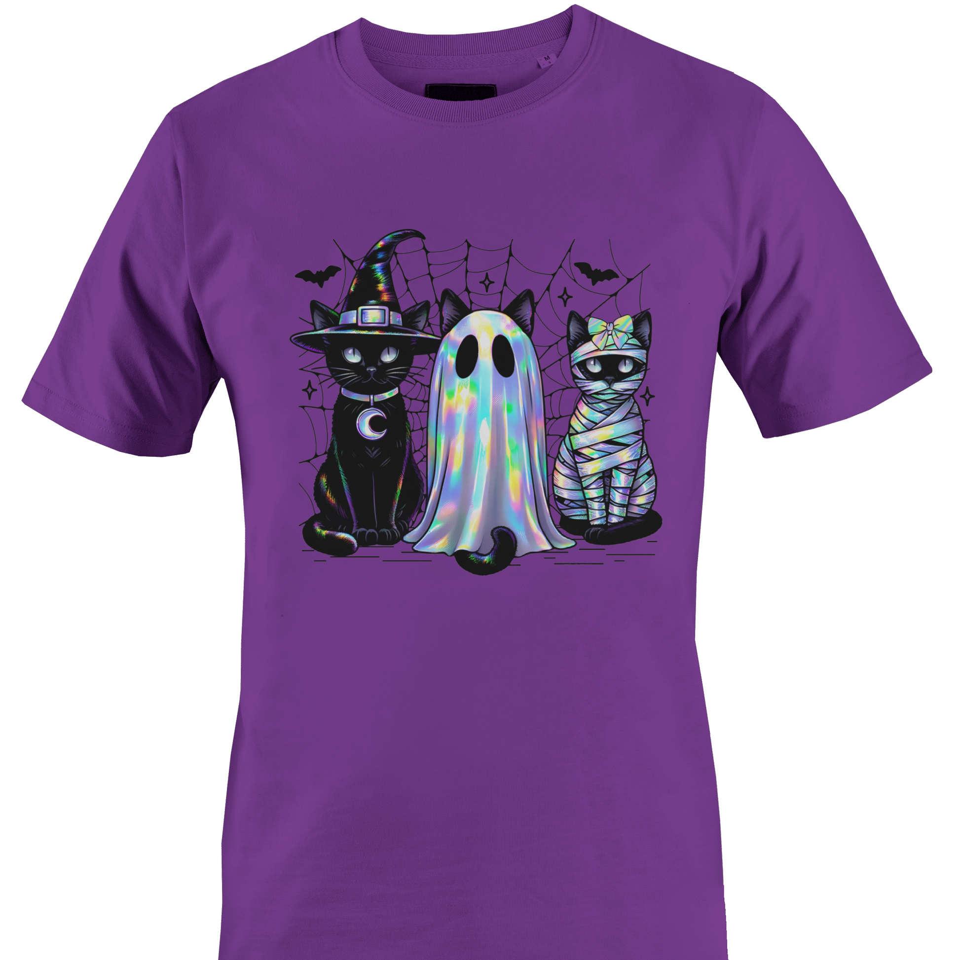Purple t-shirt with a trio of black cats wearing Halloween costumes, witch, ghost and a mummy by Monkey's Creations. 