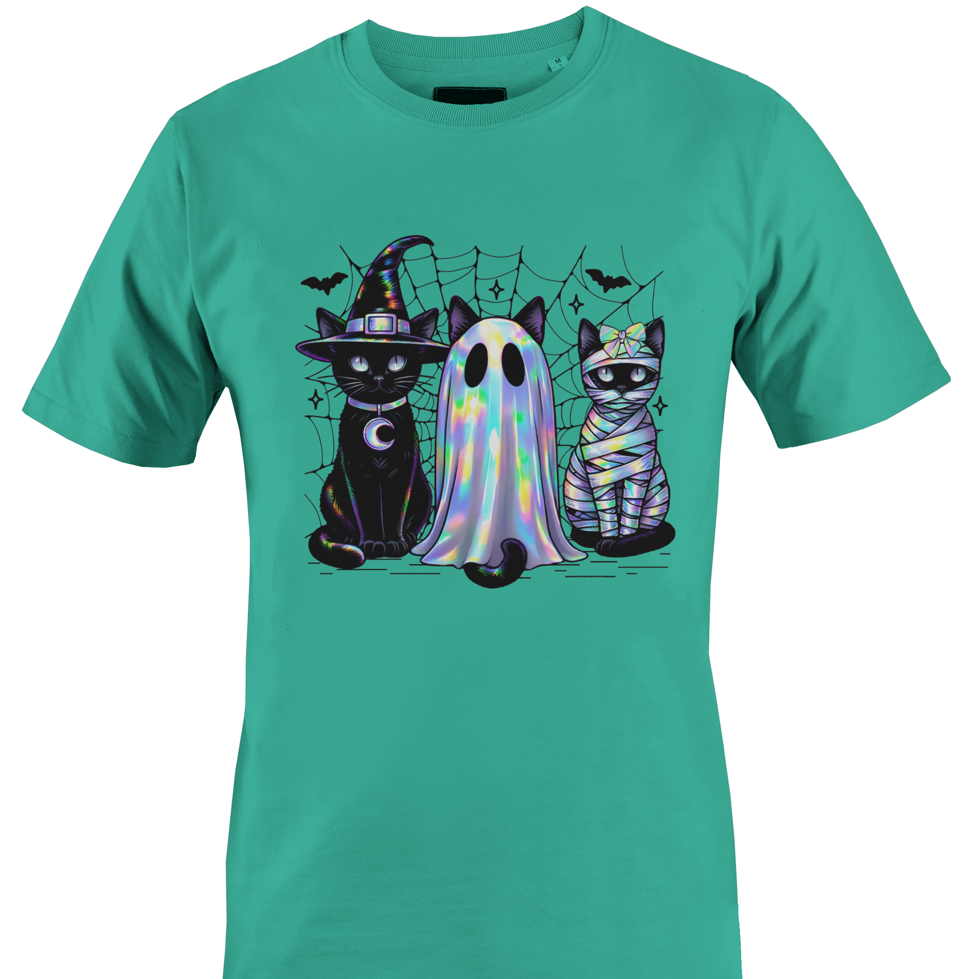 Teal t-shirt with a trio of black cats wearing Halloween costumes, witch, ghost and a mummy by Monkey's Creations. 