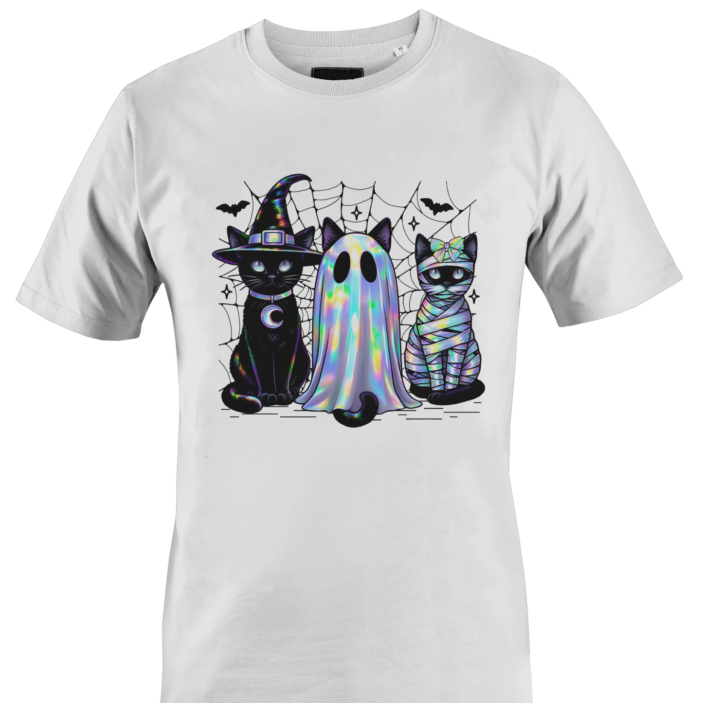 White t-shirt with a trio of black cats wearing Halloween costumes, witch, ghost and a mummy by Monkey's Creations. 