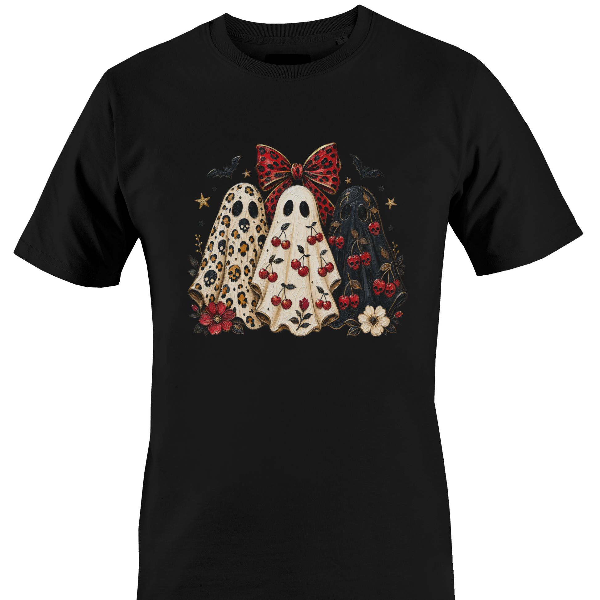 Black t-shirt with a trio of sheeted ghosts with Halloween elements by Monkey's Creations. 