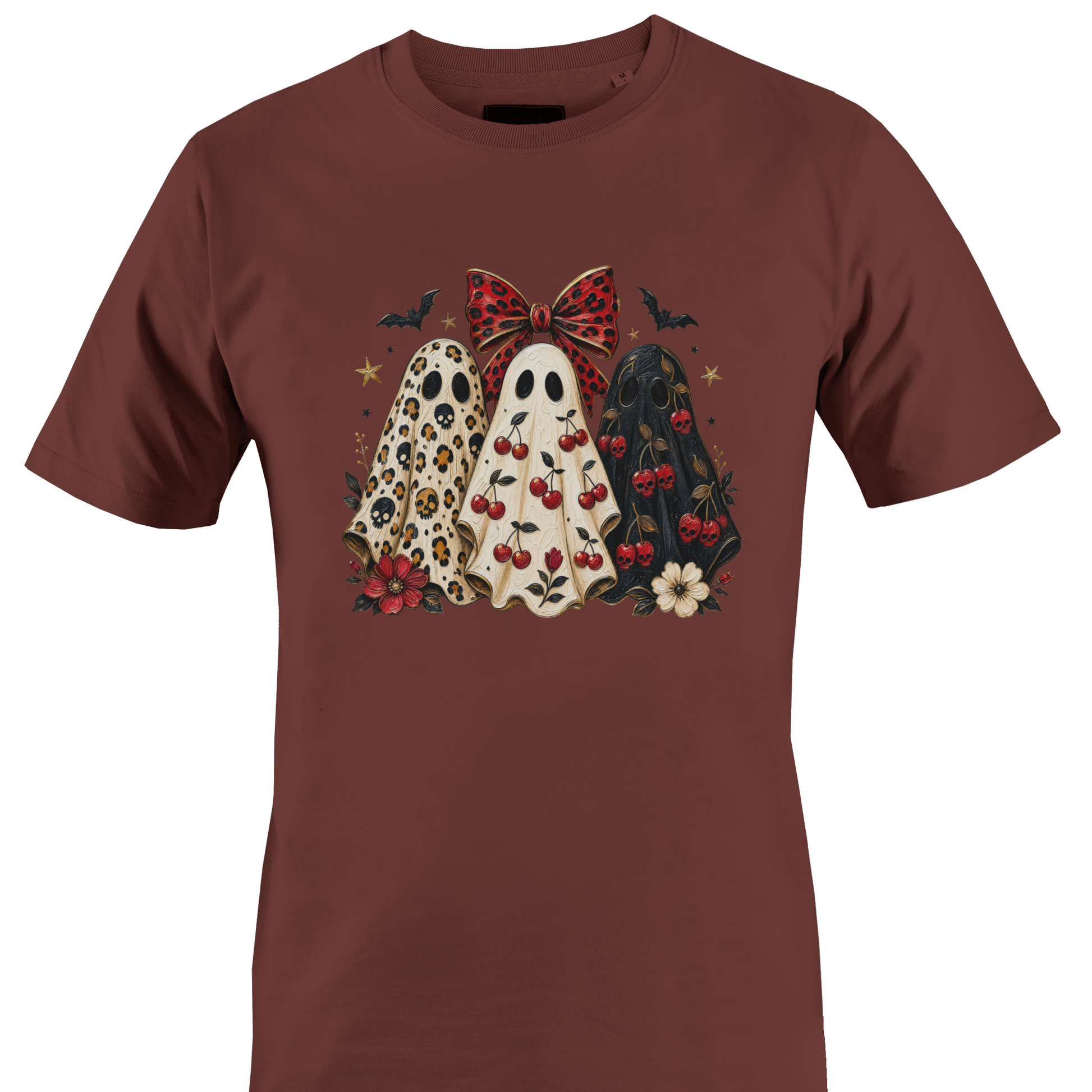 Brown t-shirt with a trio of sheeted ghosts with Halloween elements by Monkey's Creations. 