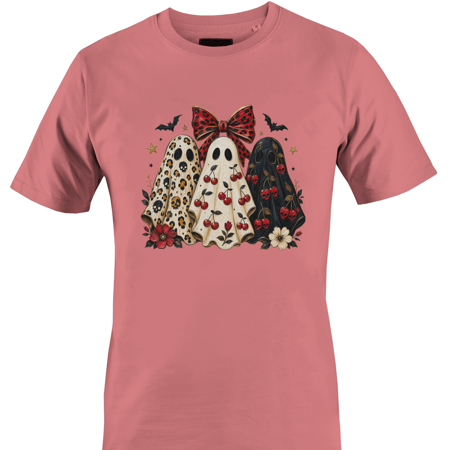 Coral t-shirt with a trio of sheeted ghosts with Halloween elements by Monkey's Creations. 