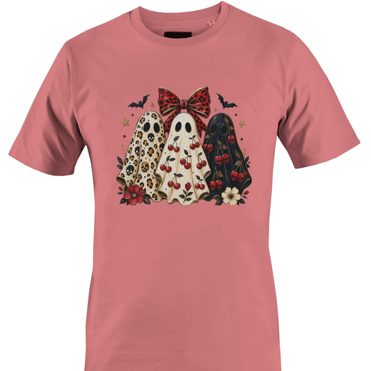 Coral t-shirt with a trio of sheeted ghosts with Halloween elements by Monkey's Creations. 