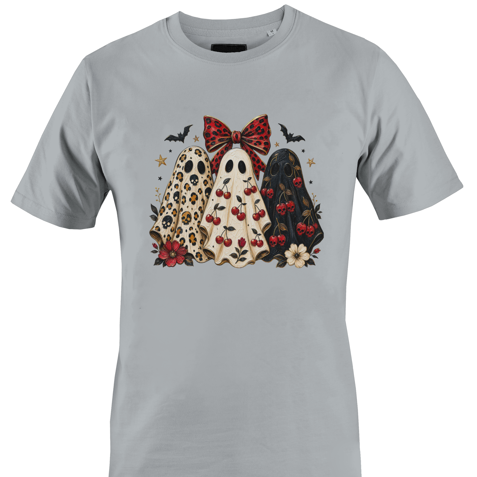 Light grey t-shirt with a trio of sheeted ghosts with Halloween elements by Monkey's Creations. 