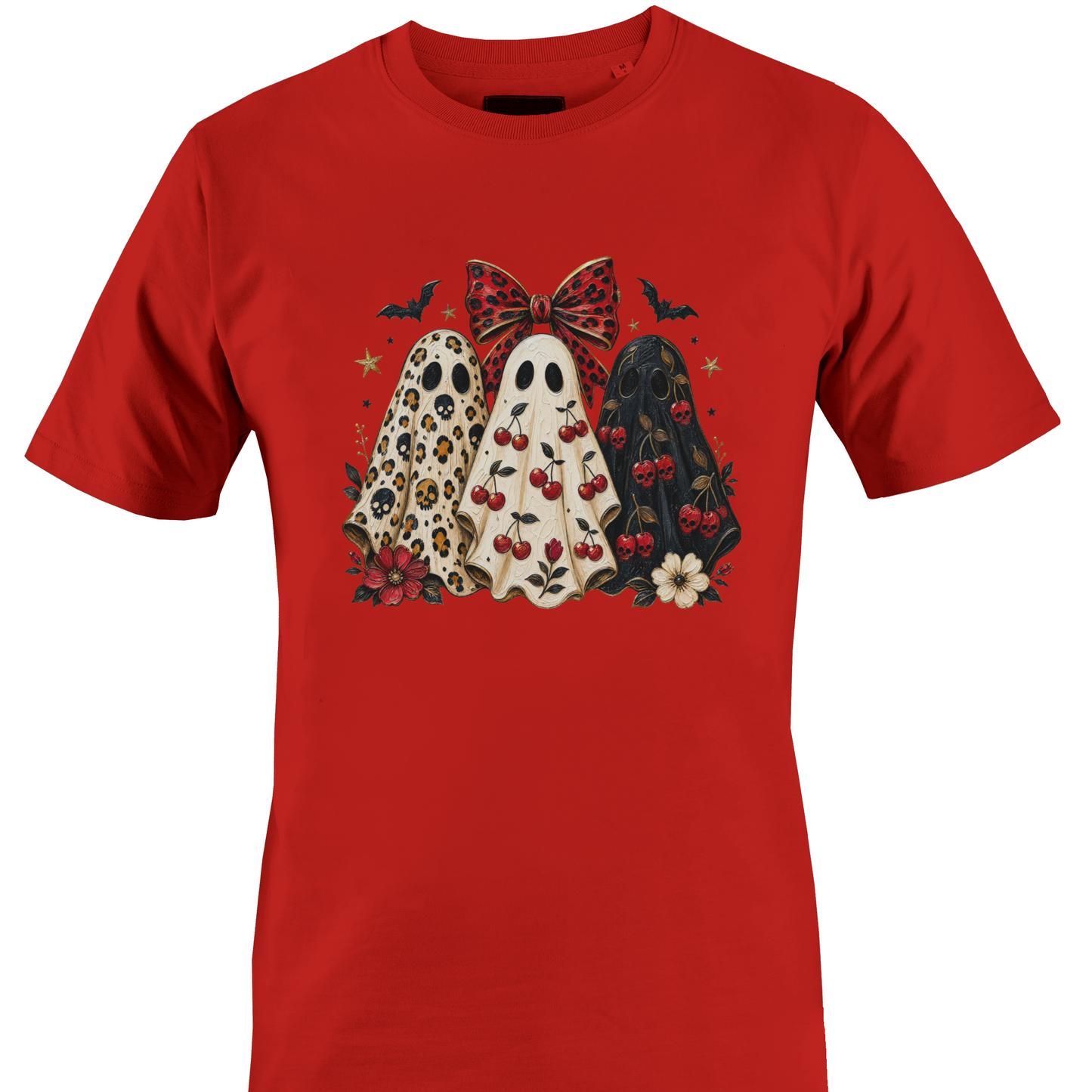 Red t-shirt with a trio of sheeted ghosts with Halloween elements by Monkey's Creations. 