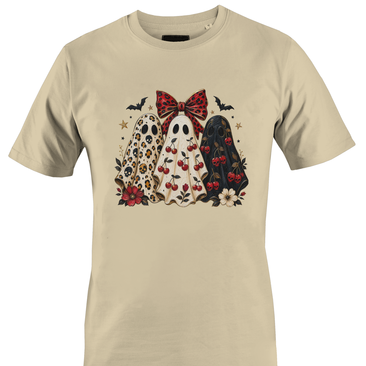 Tan t-shirt with a trio of sheeted ghosts with Halloween elements by Monkey's Creations. 