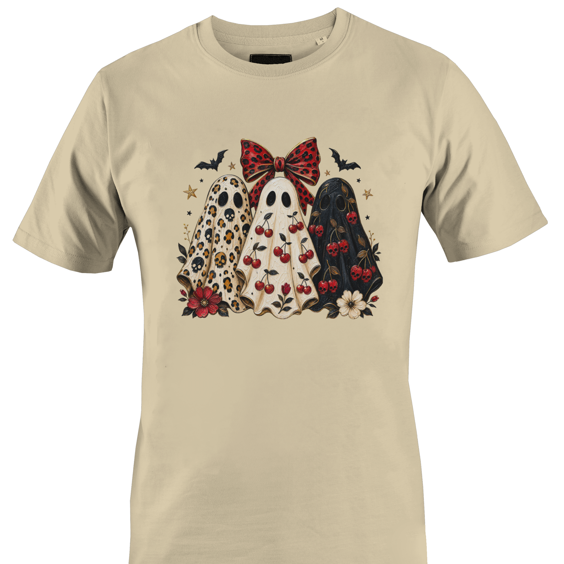 Tan t-shirt with a trio of sheeted ghosts with Halloween elements by Monkey's Creations. 