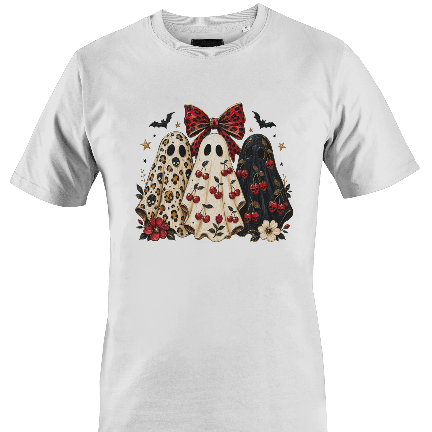 White t-shirt with a trio of sheeted ghosts with Halloween elements by Monkey's Creations. 